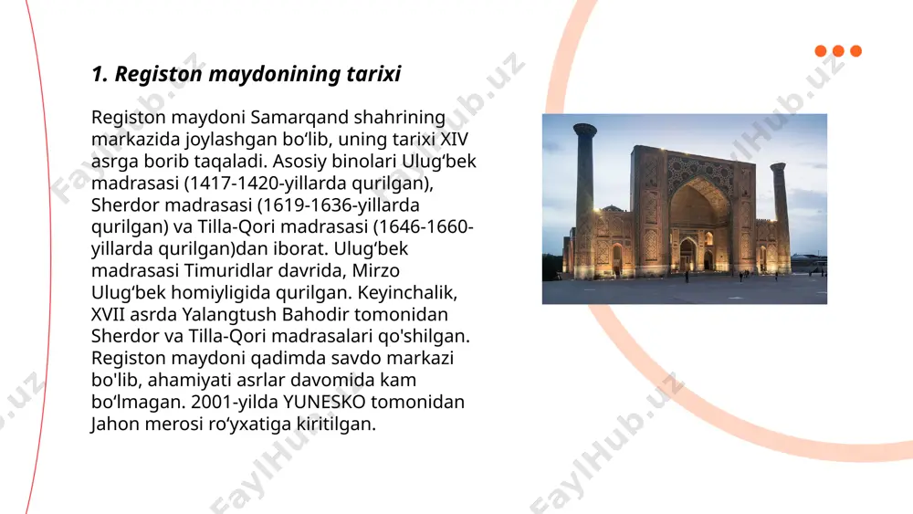 sida muvozanat saqlangan. ... t.me/slaydai_bot ulug'bek madrasasi 1420-yilda samarqandda qurilgan va astronomiya sohasida muhim xizmatlar ko'rsatgan. ushbu madrasa ilmiy tadqiqotlar markazi sifatida tanilgan. ulug'bekning "zij-i sultoni" nomli astronomik jadvali 1018 ta yulduzning joylashuvini aniqlagan, bu o'sha davr uchun katta yutuq bo'lgan. madrasa astronomiya va matematika bo'yicha muhim asarlar yozilgan joy bo'lib, aniq ilmiy kuzatishlar o'tkazilgan. ulug'bek observatoriyasi bilan hamkorlikda, madrasa ilmiy taraqqiyotga katta hissa qo'shgan. bu joyda ko'plab olimlar, jumladan al-koshiy va ali qushchi faoliyat ko'rsatgan. ... t.me/slaydai_bot 4. sherdor madrasasi sherdor madrasasi, samarqanddagi tarixiy obida, 17-asrda barpo etilgan. u 1619-1636 yillarda shohruhbiy tomonidan qurilgan. sherdor madrasasi registon majmuasining bir qismi bo'lib, ulug'bek va tillaqori madrasalari orasida joylashgan. madrasaning fasadida sherlar tasviri tushirilgan bo'lib, uning nomi ham shundan kelib chiqqan. sherdor madrasasi boy tarixiy me'morchilik an'analari va koshinkor san'ati bilan ajralib turadi. binoning gumbazi va devorlari nafis naqshlar bilan bezatilgan bo'lib, me'morchilik xalqa uslubining o'ziga xos namunasi hisoblanadi. sherdor madrasasi …