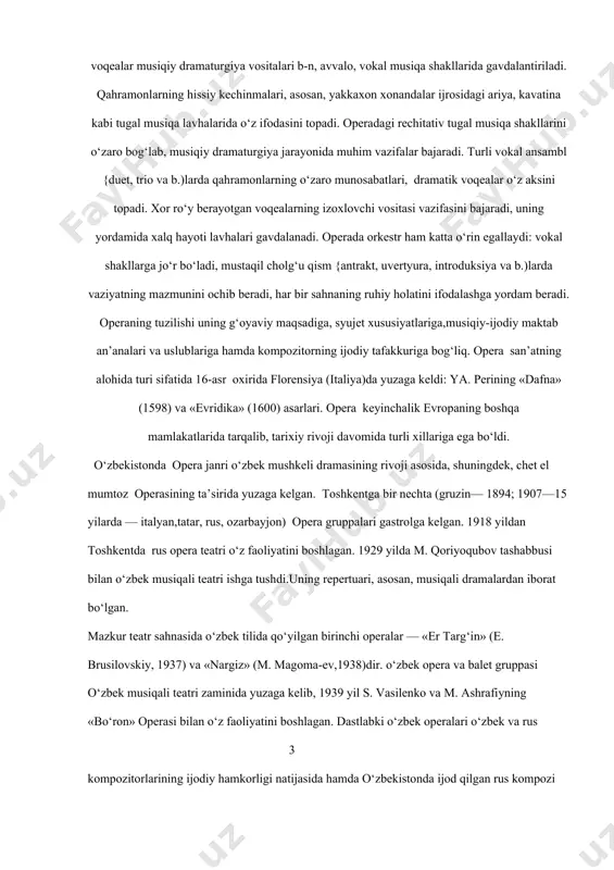 jodiy maktab an’analari va uslublariga hamda kompozitorning ijodiy tafakkuriga bog‘liq. opera san’atning alohida turi sifatida 16-asr oxirida florensiya (italiya)da yuzaga keldi: ya. perining «dafna» (1598) va «evridika» (1600) asarlari. opera keyinchalik evropaning boshqa mamlakatlarida tarqalib, tarixiy rivoji davomida turli xillariga ega bo‘ldi. o‘zbekistonda opera janri o‘zbek mushkeli dramasining rivoji asosida, shuningdek, chet el mumtoz operasining ta’sirida yuzaga kelgan. toshkentga bir nechta (gruzin— 1894; 1907—15 yilarda — italyan,tatar, rus, ozarbayjon) opera gruppalari gastrolga kelgan. 1918 yildan toshkentda rus opera teatri o‘z faoliyatini boshlagan. 1929 yilda m. qoriyoqubov tashabbusi bilan o‘zbek musiqali teatri ishga tushdi.uning repertuari, asosan, musiqali dramalardan iborat bo‘lgan. mazkur teatr sahnasida o‘zbek tilida qo‘yilgan birinchi operalar — «er targ‘in» (e. brusilovskiy, 1937) va «nargiz» (m. magoma-ev,1938)dir. o‘zbek opera va balet gruppasi o‘zbek musiqali teatri zaminida yuzaga kelib, 1939 yil s. vasilenko va m. ashrafiyning «bo‘ron» operasi bilan o‘z faoliyatini boshlagan. dastlabki o‘zbek operalari o‘zbek va rus 3 kompozitorlarining ijodiy …