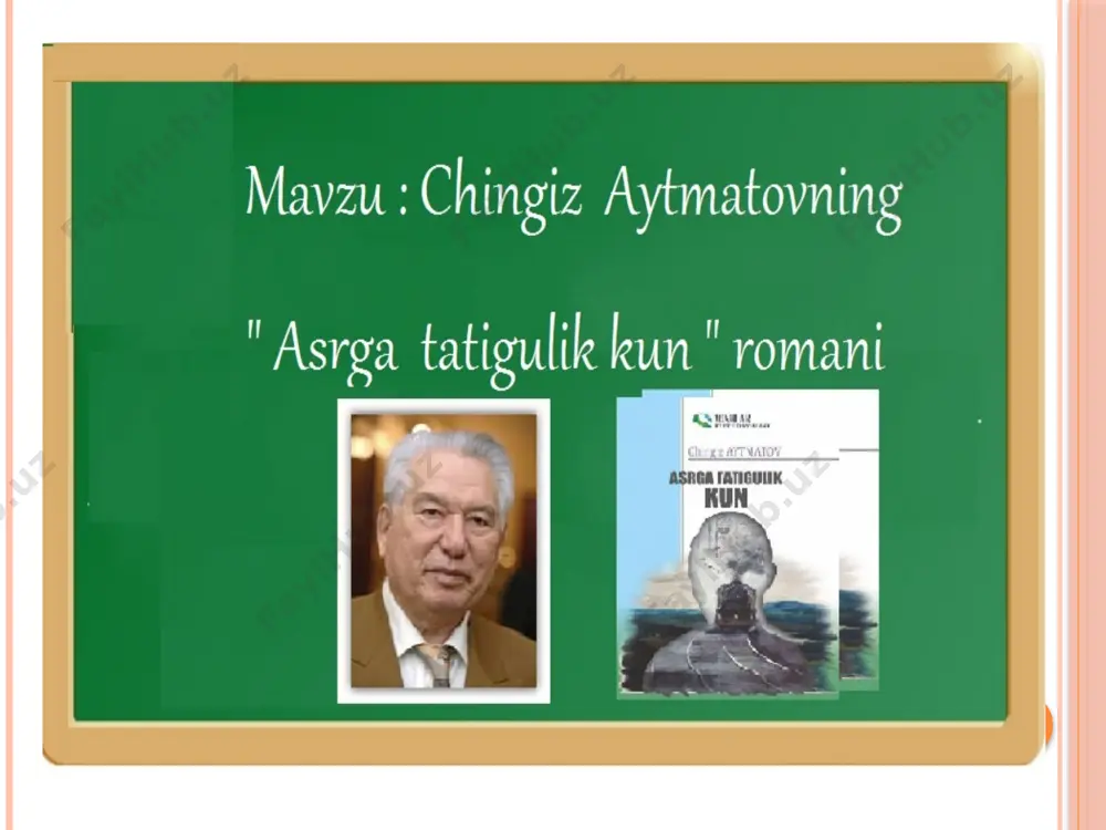 ik kun “ romanida dunyoning mitti nuqtasi qozog`istonning bo`ronli bekatida o`tmish , bugun va kelajak kesishadi. “kichkina odam “, oddiy temiryo`lchi taqdirida butun bir jamiyat , tuzum fojialari aks etadi bor-yo`g`i 6 xonadon yashaydigan ovul. atigi 6 xonadon asarga asos qilib olingan. kazangap bilan bukey, er-xotin edigey va ukkubala oilalari butun boshlik romanga material qilib berilishi mumkinmi? ch. aytmatovning kuchi va ustaligi shundaki, u mana shu ikki xonadon, xususan kazangap bilan edigeyni, ular yashayotgan va kurashayotgan bo`ronli bekatini bugun qozoq elining, qolaversa mamlakat va dunyo voqealarining qoq markaziga aylantiradi. asar chop etilishi bilan o‘quvchilar tafakkuri va ruhiyatini larzaga keltirdi. chunki unda odamning insoniy qiyofasini belgilaydigan asosiy ko‘rsatkichlar: o‘zlikni anglash, o‘zgani tushunish, tarixiy ildizlarni bilish, undan faxrlanish singari tushunchalar ekanligi ko‘rsatilgandi. asarda bu masalalar konkret odamlar taqdiri misolida badiiy ifoda etilgan edi. holbuki, bunday xususiyat sho‘ro adabiyoti uchun tamomila begona hisoblanardi. qaqroq cho`l , qabriston ancha olisda , biroq marhumning vasiyati …