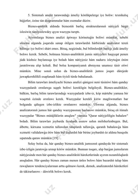 órinetuģin boliwi múmkin, sebebi uliwma alganda joqarıda sanap ótilgen tarawlardıń hárbirinde analizator tereń bilimge iye boliwi shárt emes. biraq, negizinde, bul bilimlerdiń barlıǵı júdá ámeliy bolıwı kerek. sebebi, bolmasa biznes-analitiktiń jumis nátiyjeleri haqıyqat penen júdá kúshsiz baylanısqa iye boladı hám nátiyjesiz hám nadurıs isleytuǵın ónim jaratılıwına alıp keledi. bul bolsa kompaniyanıń abırayına unamsız tásir etiwi múmkin. mine sonıń ushın da biznes-analitiktiń jumısı joqarı dárejede juwapkershilikli esaplanadı hám tiyisli túrde bahalanadı. bilim tarawları ámeliyachi biznes analizi qánigesi neni túsiniwi hám qanday wazıypalardı orınlawga uqıplı boliwi kerekligin belgileydi. biznes-analitikler, bálkim, barlıq bilim tarawlarındaǵı wazıypalardı izbe-iz, kóp mártebe yamasa bir waqıttıń ózinde orınlawı kerek. wazıypalar kerekli kiriw magliwmatları bar bolganda qálegen izbe-izlikte orınlanıwı múmkin. ulıwma alǵanda, biznes analizatorınıń jumısı hár qanday wazıypasınan baslanıwı múmkin, biraq eń itimalı wazıypalar "biznes mútájliklerin anıqlaw" yamasa "qarar nátiyjeliligin bahalaw" boladı. bilim tarawları joybarda fazalardı usınıw ushın mólsherlenbegen. bul, álbette, kárxana xızmetin tallawdan talaplardı tallawǵa, qarardı bahalawǵa hám …