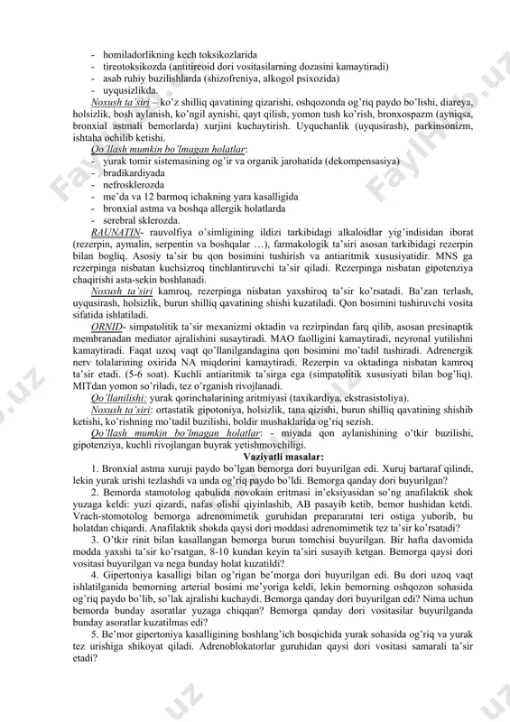 ulyar taxikardiyalar, bo’lmachalar fibrilyasiyasi, qorinchalar ekstrasistoliyasi), gipertireoidizm, infarktning oldini olish. noxush ta’sirlari: bosh og’rig’i, charchash, uyqu buzilishi, bronxlar tonusining oshishi, ayniqsa bronxial astmada. α va β -adrenoreseptorlarni qamallovchi vositalar (α, βadrenoblokatorlar). labetalol- binar ta’sir ko’rsatadi, ya’ni bir vaqtning o’zida ham β, ham α1-adrenoreseptorlarni qamal qiladi, lekin β-adrenoreseptorlar α ga nisbatan labetalol ta’siriga sezuvchanroq. labetalol na ning neyronal yutilishini susaytiradi. ta’sir kuchi bo’yicha anaprilin va fentolamindan kuchsizroq. dori vositasi yurak qisqarishining soni va kuchiga sezilarli ta’sir ko’rsatmaydi. lekin β-blokatorlik xususiyati bilan periferik qon tomirlarni kengaytirish qobilyati dori vositasini gipotenzivlik ta’sirini ishonchli bo’lishiga omil bo’ladi. dori vositasi tomirlarning periferik qarshiligini yaxshi tushiradi. β-blokatorlarga nisbatan qon bosimini tushirish ta’siri tez rivojlanadi va 8-10 soat davom etadi, bronxospazm chaqirmaydi. mitdan tez so’riladi, ko’p qismi jigarda parchalanadi, faol bo’lmagan metabolitlari peshob tarkibida ajraladi. venaga kiritilishi bemorni yotqizib amalga oshiriladi, chunki qon bosim tez tushib ketadi. qo’llanilishi: gipertoniya (antigipertenziv vosita). noxush ta’siri: bosh aylanishi, bosh og’rig’i, …