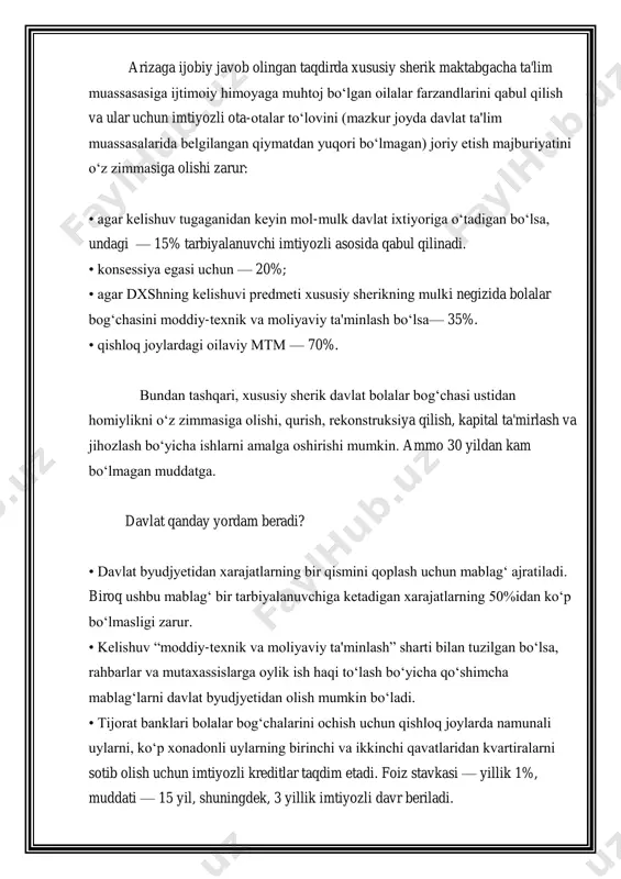 sida bolalarning hayoti va sog’lig’ini muhofaza qilishni tashkil etish tartibi va qoidalari, maktabgacha ta`lim muassasasiga bolalarni olib kelish va olib ketish qoidalari, maktabgacha ta`lim muassasasi binolarida xavfsizlikni tashkil etishga oid talablar, maktabgacha ta`lim muassasasida yong’in xavfsizligini tashkil etishga oid talablar, hudud xavfsizligiga bo’lgan talablar “maktabgacha ta`lim muassasalarida bolalarning hayoti va sog’lig’ini muhofaza qilishni tashkil etish tartibi to’g’risida nizom” bilan tartibga solinadi. http://library.ziyonet.uz/uz/book/1825 http://library.ziyonet.uz/uz/book/1825 maktabgacha ta`lim tizimi maktabgacha ta’lim muassasalari – o’zbekiston respublikasidagi ta`lim muassalarining turi bo’lib, turli yo’nalishdagi maktabgacha bo’lgan davrdagi umumta`lim dasturlarini amalga oshiradi. maktabgacha ta`lim muassasalari 2 yoshdan 7 yoshgacha bo’lgan bolalarni tarbiyalashni, o’qitishni, nazorat qilishni, parvarishlashni va sog’lomlashtirishni ta`minlaydi. maktabgacha ta`lim muassasasini tashkil etish tartibi, faoliyatini tashkil etish va butlash, hamda maktabgacha ta`lim muassasasining mol-mulki va pul mablag’lari, javobgarligi, boshqaruvi va ta`lim jarayoni qatnashchilari to’g’risidagi kerakli ma`lumotlarni “o’zbekiston respublikasida davlat maktabgacha ta`lim muassasasi to’g’risida nizom” dan olishinigiz mumkin. o’zbekistonda maktabgacha ta`lim muassasalarining zamonaviy tizimi maktabgacha ta`lim muassasalari, …