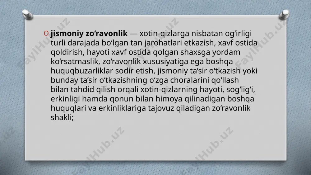 “oilada zo‘ravonlik” masalasini jinoyat kodeksiga alohida modda sifatida kiritib, oiladagi zo‘ravonlik holatlari uchun jinoiy javobgarlik o‘rnatishni taklif qilgan edi: 126−1-modda. oilada zo‘ravonlik bir oila a’zosi tomonidan boshqa oila a’zosiga nisbatan qasddan sodir etilgan harakat yoki harakatsizlik, quyidagilarda namoyon bo‘lganda: a) kaltaklash yoki badanga yengil shikast yetkazishga sabab bo‘lgan boshqa zo‘ravonlik harakatlarini sodir etish; b) tazyiq va zo‘ravonlikdan jabrlanuvchiga o‘z xohish-irodasini singdirish yoki uning ustidan nazoratni olish maqsadida uni izolyatsiya qilish, qo‘rqitish; v) iqtisodiy vositalardan mahrum qilish natijasida iqtisodiy vositalardan, shu jumladan yashash uchun mablag‘dan mahrum qilish, kamsitish, tazyiq va zo‘ravonlikdan jabrlanuvchining sog‘lig‘iga uncha og‘ir bo‘lmagan zarar yetkazish — 150 soatdan 180 soatgacha majburiy jamoat ishlari yoki 3 yilgacha muddatga ozodlikdan mahrum qilish bilan jazolanadi. qayd etish joiz, senatdagi tadbir arafasida prezident administratsiyasi ijro etuvchi apparatining kommunikatsiyalar va axborot siyosati bo‘yicha shu’ba mudiri saida mirziyoyeva oiladagi zo‘ravonlik uchun jinoiy javobgarlik tayinlash kerakligini qayd etgan edi (ma'lumot uchun, u 2022 yil dekabrida …