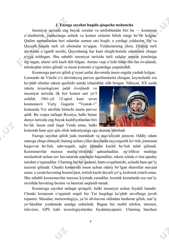 kuni chiqib-botishi odamlarni chuqur o‘yga toldirgan. shu sababli insoniyat tarixida turli xalqlar osmon jismlariga sig‘ingan, ularni sirli kuch deb bilgan. ammo vaqt o‘tishi bilan ilm-fan rivojlandi, teleskoplar ixtiro qilindi va inson koinotni o‘rganishga yaqinlashdi. kosmosga parvoz qilish g‘oyasi asrlar davomida inson ongida yashab kelgan. leonardo da vinchi o‘z davridayoq parvoz qurilmalarini chizgan, keyinchalik esa ko‘plab olimlar raketa qurilishi ustida izlanishlar olib borgan. nihoyat, xx asrda raketa texnologiyasi jadal rivojlandi va insoniyat tarixida ilk bor koinot sari yo‘l ochildi. 1961-yil 12-aprel kuni sovet kosmonavti yuriy gagarin “vostok-1” kemasida yer atrofida birinchi marta parvoz qildi. bu voqea nafaqat rossiya, balki butun dunyo tarixida eng buyuk kashfiyotlardan biri bo‘ldi. inson endi faqat yerda emas, balki koinotda ham sayr qila olish imkoniyatiga ega ekanini isbotladi. fazoga sayohat qilish juda murakkab va mas’uliyatli jarayon. oddiy odam samoga chiqa olmaydi, buning uchun yillar davomida tayyorgarlik ko‘rish, jismonan baquvvat bo‘lish, sabr-toqatli, aqliy jihatdan kuchli bo‘lish talab qilinadi. …