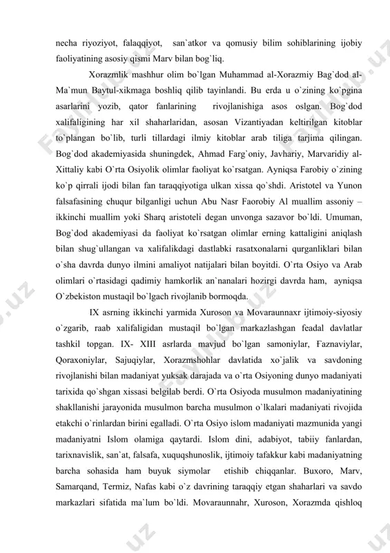 savdoning rivojlanishi bilan madaniyat yuksak darajada va o`rta osiyoning dunyo madaniyati tarixida qo`shgan xissasi belgilab berdi. o`rta osiyoda musulmon madaniyatining shakllanishi jarayonida musulmon barcha musulmon o`lkalari madaniyati rivojida etakchi o`rinlardan birini egalladi. o`rta osiyo islom madaniyati mazmunida yangi madaniyatni islom olamiga qaytardi. islom dini, adabiyot, tabiiy fanlardan, tarixnavislik, san`at, falsafa, xuquqshunoslik, ijtimoiy tafakkur kabi madaniyatning barcha sohasida ham buyuk siymolar etishib chiqqanlar. buxoro, marv, samarqand, termiz, nafas kabi o`z davrining taraqqiy etgan shaharlari va savdo markazlari sifatida ma`lum bo`ldi. movaraunnahr, xuroson, xorazmda qishloq xo`jaligi bilan birga shahar va qishloqlarda xunarmandchilik rivojlanib, feodal munosabatlar qaror topdi. me`morchilikda yangi inshootlar: masjid,madrasa, xamom kabi ijtimoiy binolar, saroylar, davlat muassasalari bozoru ko`priklar qurildi. toshkent, farg`ona, nurota, o`ratepa, samarqand atrofidagi tog`lardan konlar ochilib ma`danlar qazib olindi va qurol-yaroq anjomlari yasalishi tufayli xunarmandchilik taraqqiy etdi. bu esa savdo-sotiqni rivoj topishiga sabab bo`ldi. xurosan, xindiston, xitoy, burjiston, volga bo`yi, sibir` xududlari kavon yo`llari kengayib, savdo taraqqiy etdi. …