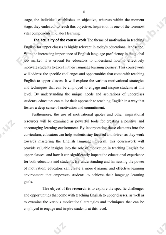 d practical values of this research are determined by studying the complex of practical activities and systematizing the theoretical aspects of several activities. the presented materials can be used by teachers in the educational process in english in upper classes. the results of the study can be applied in the process of learning foreign language of upper classes’ students. the main research methods may include literature review, case studies, surveys, interviews with educators and students, observation of classroom dynamics, and analysis of academic performance data. these methods can provide a comprehensive understanding of the challenges and opportunities in teaching english to upper class students, as well as the impact of motivation on their learning experience. additionally, these research methods can help in identifying effective motivational strategies and techniques that can be implemented in the classroom, as well as the role of educators in fostering motivation and addressing cultural and individual …