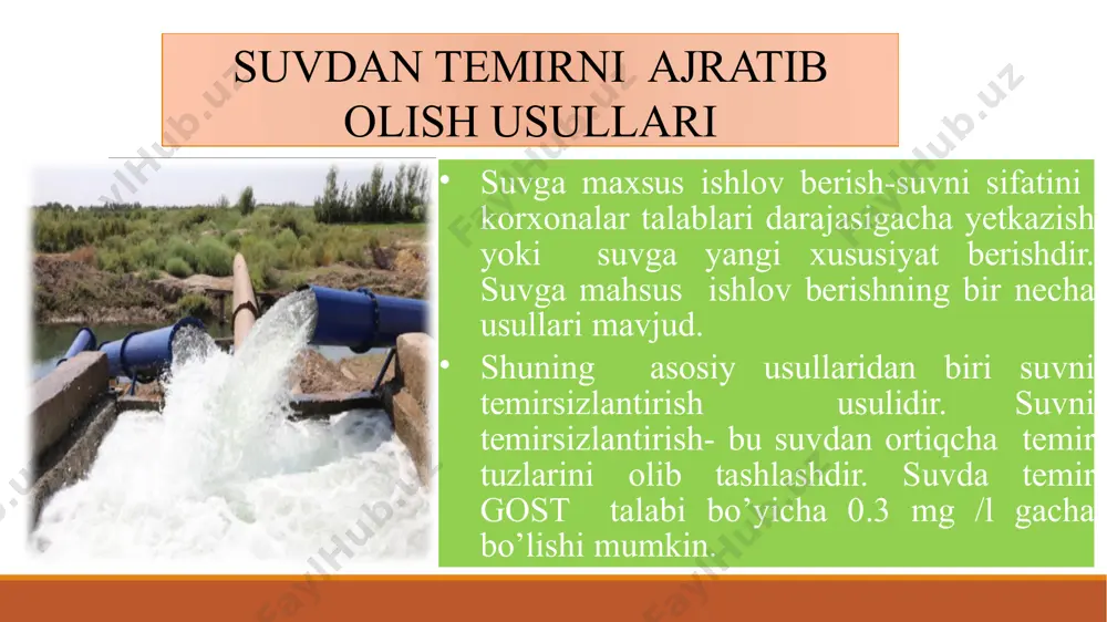 bo’lmagan hollarda ham quvurlarni ichki sirtida qotishmalar o’rnashib qolishi mumkin. suvga oltingugurt kislotasi yoki xlor kislotasi bilan ishlov bеrish yo’li bilan uning oldi olinadi. foydalanilgan adabiyotlar ro‘yxati maxmudova i.m., saloxiddinov a.t. qishloq yaylovlar suv ta’minoti. – t.: shinor-enk, 2013. – 151 b. maxmudova i.m, saloxiddinov a.t. qishloq va yaylovlar suv ta’minoti – t.: xorazm, 2002. – 136 b. ovodov v.s. selskoxozyaystvennoe vodosnobjenie i obvodnenie moskva 1984 g. -480 st. qmvaq 2.04.02-97 suv ta’minoti. tashqi tarmoq va inshootlar. - toshkent 1997 - 137b. karambirov n.a. selkoxozyaystvennoe vodosnabjenie.– moskva: kolos, 1986. – 445b. e’tiboringiz uchun raxmat!!! image2.jpeg image3.png image4.jpeg image5.png image6.jpg image7.jpg image8.jpg image9.jpg image10.jpg image11.jpg image12.png image13.jpg image14.jpg image15.jpg /docprops/thumbnail.jpeg