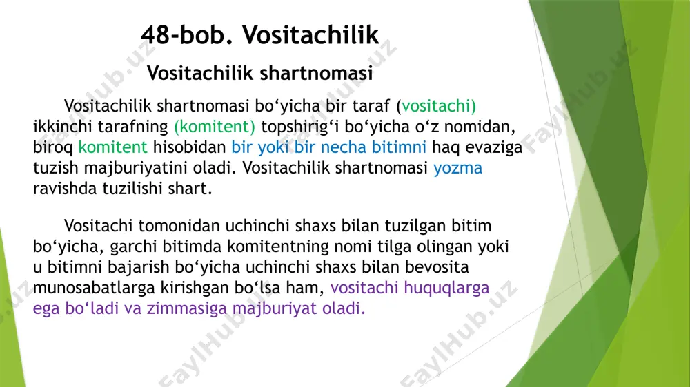 i bajarishi va hamma huquqlarni amalga oshirishi shart. vositachi o‘z zimmasiga olgan topshiriqni komitentning ko‘rsatmalariga muvofiq, vositachilik shartnomasida bunday ko‘rsatmalar bo‘lmaganda esa — ish muomalasi odatlariga yoki odatda qo‘yiladigan boshqa talablarga muvofiq komitent uchun eng foydali shartlar asosida bajarishi lozim. agar vositachi bitimni komitent ko‘rsatganidan ham foydaliroq shartlar asosida tuzgan bo‘lsa, qo‘shimcha foyda, basharti shartnomada boshqacha tartib nazarda tutilgan bo‘lmasa, taraflar o‘rtasida baravar taqsimlanadi. vositachi bitimning ijrosi uchun komitentga kafolat bergan (delkredere) hollarda u vositachilik shartnomasida kelishilgan miqdorda qo‘shimcha haq olish huquqiga ega bo‘ladi. komitent hisobidan uchinchi shaxs bilan tuzilgan bitim uchinchi shaxs tomonidan bajarilmaganligi uchun vositachi komitent oldida javobgar bo‘lmaydi, vositachi ushbu shaxsni tanlashda zarur ehtiyotkorlik qilmagan yoki bitimning bajarilishiga kafolat bergan (delkredere) hollar bundan mustasno. vositachi uchinchi shaxs bilan tuzgan bitimni uchinchi shaxs bajarmagan taqdirda, vositachi bu haqda darhol komitentga xabar berishi, zarur dalil-isbotlarni to‘plashi va ta’minlashi, shuningdek komitentning talabiga ko‘ra bunday bitim yuzasidan huquqlarni talablarni boshqa shaxsga …