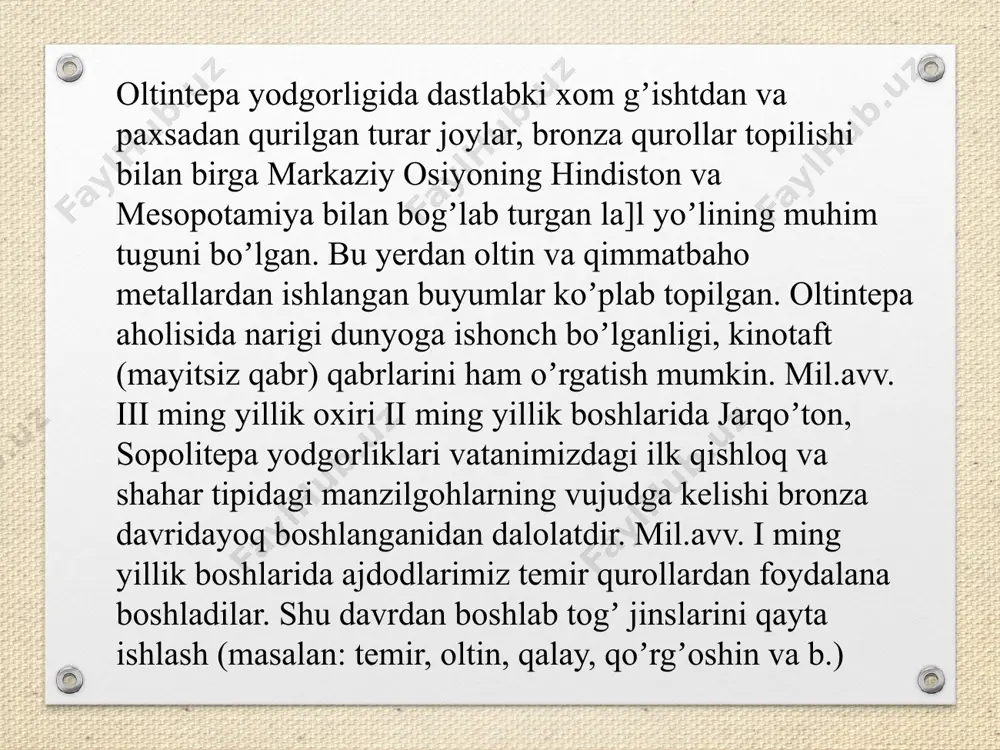 baqtriyada zarb qilingan oltin, kumush, nikel tangalar xorazm, sugʼdiyona, fargʼona, hindiston hududlaridan topilishi baqtriya tangalari xalqaro savdoda ekvivalent boʼlganini koʼrsatadi. yunon-baqtriyada rasmiy til yunon tili boʼlib hisoblangan. panjobda yuzaga kelgan kxoroshti yozuvi ham kirib kela boshlagan. budda dinining mil.avv. ii-i asrlarda kirib kela boshlashi bilan budda yozuvi ham qoʼllanilgan. nihoyat baqtriyaliklar yunon yozuvi asosida oʼzining kvadratsimon yozuvlarini ham yaratganlar. musiqa va sanʼat sohasida baqtriya oʼsha davr sharq mamlakatlari ichida oldingi oʼrinlarda turgan. аniq va tabiiy fanlar falsafa rivoj topgan hind donishmandi nagarjuna yunon-baqtriya podshosi menandr bilan falsafa borasida suhbatlashgach, unga atab milinda panxa (menandr donishmandligi) nomli asar yozadi. mil.avv. ii asrning oʼrtalarida yunon-baqtriya siyosiy jihatdan inqirozga yuz tutadi. mil.avv. 140 yilda bu davlat saklar, yuechjilar zarbasi ostida qoladi. bu hududga koʼchib kelgan yuechjilar taxminan i asrda kushon davlatiga asos soladi. dalvat asoschisi kudjula kadfiz surxondaryo viloyati shoʼrchi tumanidagi dalvarzintepani davlat poytaxtiga aylantiradi. kushon davlati tezda markaziy osiyodagi qudratli davlatga aylanadi. …