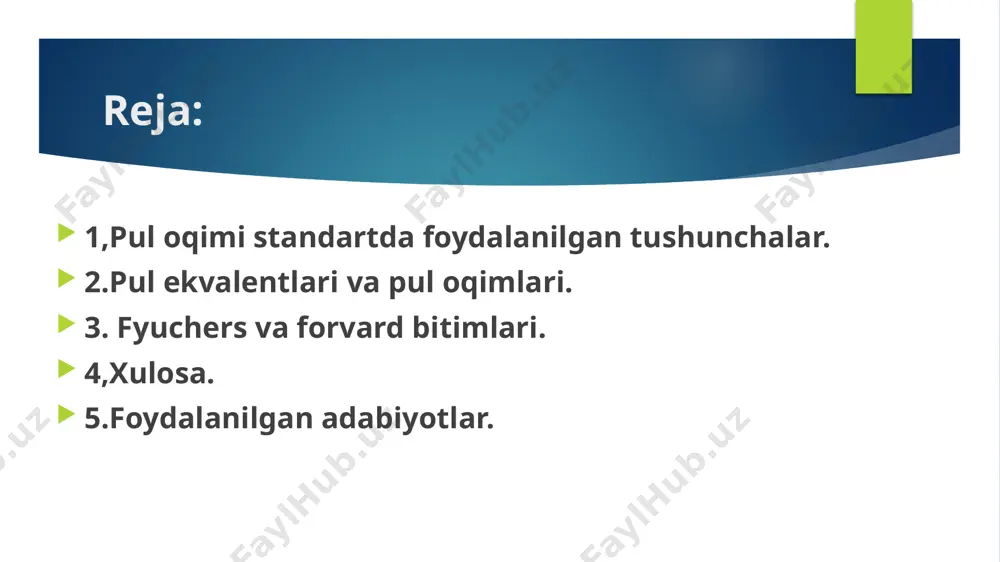 atda to‘lanadigan bo‘lsa, ya’ni xarid qilingan paytdan boshlab taxminan uch oy ichida to‘lanadigan bo‘lsa, uni pul ekvivalenti deb hisoblash mumkin bo‘ladi. bank zayomlari moliyaviy faoliyatga taalluqlidir, lekin talab qilingan paytda to‘lanadigan bank overdraftlari korxonalar pul mablag‘ini boshqarishning ajralmas qismi hisoblanadi. shu munosabat bilan bank overdraftlari pul mablag‘ining tarkibiy qismi yoki ularning ekvivalenti hisoblanadi. pul oqimi pul mablag‘lari va pul ekvivalentlari moddalari o‘rtasidagi harakatni o‘z ichiga olmaydi, chunki ular operatsion, moliya yoki investitsiya faoliyatiga kirmaydi yoki xo‘jalik yurituvchi subyektning pul mablag‘larini boshqarishga taalluqlidir. pul mablag‘larini boshqarish pul mablag‘lari va pul ekvivalentlarining ortiqchasini ishga solishni o‘z ichiga oladi. xo‘jalik yurituvchi subyekt investitsiya faoliyatidan keladigan pul oqimi to‘g‘risidagi axborotni alohida ko‘rsatib beradi. investitsiya faoliyatidan pul oqimi to‘g‘risidagi axborot kelajakda daromad va pul oqimi miqdorini belgilaydigan resurslar bo‘yicha qilingan xarajatlar darajasini ko‘rsatadi. investitsiya faoliyatidan olingan asosiy pul oqimlariga quyidagilar kiradi: asosiy vositalarni, nomoddiy va o‘zga uzoq muddatli aktivlarni xarid qilishga pul to‘lovlari. bu to‘lovlar …
