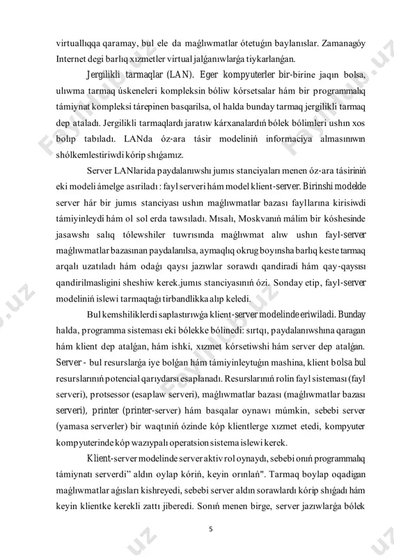 ri, radiostansiyalar, optikalıq talshıqlı liniyalar, jasalma joldas baylanısları hám basqalar eki yamasa odan artıq tarmaq jalǵanǵanda global tarmaq payda boladı. global tarmaq qala, region, mámleket, kontinent hám dúnyanı qamtıp 7 alıwı múmkin. hár qıylı protokollarda isleytuǵın tarmaqlar bir-biriniń ústine shıǵıs jaǵdaylarda, bir tarmaqta qabıl etilgen format daǵı maǵlıwmatlardı basqa tarmaqta qabıl etilgen formatqa aylandırıw zárúrshiligi payda boladı. bul funkciyanı atqaratuǵın kompyuterler yamasa programmalar shlyuzlar dep ataladı. eger tarmaqlar birdey protokollar járdeminde jalǵanǵan bolsa, ol halda olar arasındaǵı úskeneler kópirler dep ataladı. lanǵa kiriw usılları. tarmaqtaǵı usıllarǵa kóre ethernet, arcnet, júzimen ring sıyaqlı eń keń tarqalǵan tarmaqlar ajralıp turadı. ethernet - bir neshe kirisiw usılı. uzatıwdı baslawdan aldın jumıs stanciyası kanaldıń bos yamasa bandligini anıqlaydı. eger biypul bolsa, stanciya uzatıwdı baslaydı. bul usılda avtobus tapologiyasi qollanıladı. bir jumıs stanciyası tárepinen jiberilgen xabar bir waqtıniń ózinde ulıwma avtobusga jalǵanǵan barlıq basqa stanciyalar tárepinen qabıl etiledi. xabar jiberiwshi hám mánzilden tısqarı barlıq stanciyalar …