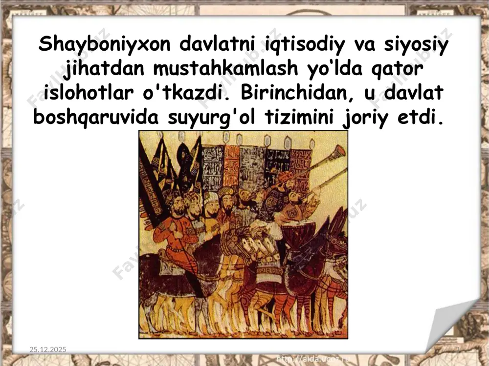 illari sangzor, chirchiq, sirdaryo, amudaryo, vaxsh va murg'ob daryolari imkoniyatlaridan unumli foydalanish choralarini ko'rganlar. vaxsh va murg'ob daryolari chunonchi, 1502-yilda shayboniyxon zarafshon daryosining oqdaryo va qoradaryoga ayriladigan joyida suv ayirg'ichi-ko'prik qurdirgan. 19.06.2020 10 ko'prik shayboniyxon avlodlari keyinchalik qashqadaryoning irmoqlaridan kesh viloyati yerlarini sug'orish uchun 10 dan ortiq kanallar qazitganlar. 1577-yilda buxoroda yirik usti berk savdo rastasi abdullaxon timi qurildi. nurota tumanidagi oqchob yaqinida beklarsoy darasida joylashgan qadimgi to'g'on qoldiqlari o'rnida ulkan band qurdirdi. abdullaxon bandi uning ravoqlarini to'g'on tepasida turib ochishi yoki bekitishi mumkin edi. 19.06.2020 11 shayboniylar davrida davlat boshqaruvi. 19.06.2020 12 shayboniylar hukmronligi yularida oliy davlat idorasi dargoh deb atalgan. uning tepasida xon turgan. shayboniylar davlatida devonbegi (bosh vazir) lavozimi katta nufuzga ega bo'lgan. u davlatda moliya va xo'jalik ishlarini boshqargan. dodxoh mansabida ishlagan amaldor dargohga tushgan arizalarni qabul qilgan va ularga javob qaytargan. shuningdek, mamlakatda adolat mezonlariga amal qilinishini nazorat qilgan. muhim davlat mansablaridan yana biri ko'kaldosh …