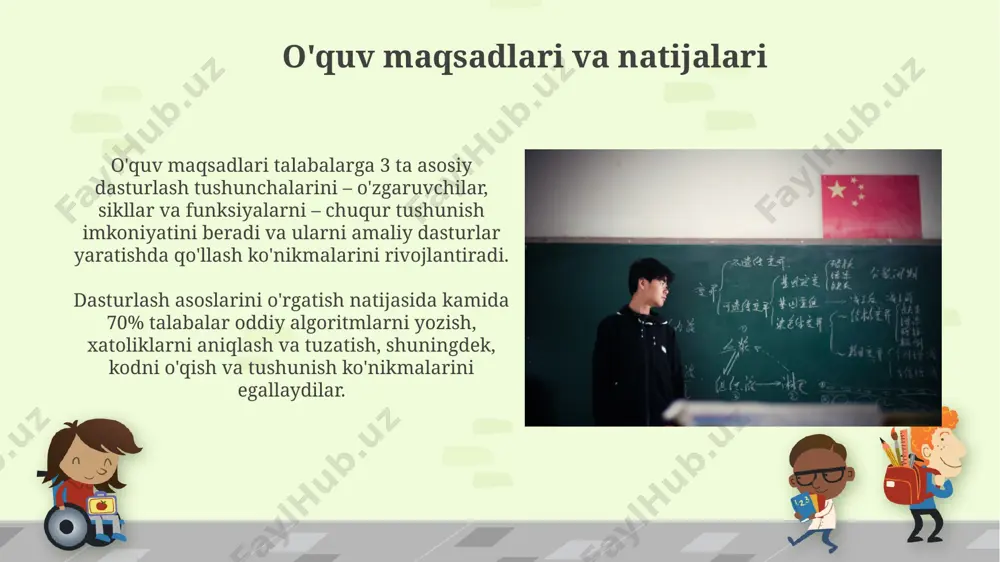 ритмларни тушунишда 30% га кўпроқ ёрдам беради. инновацион ёндашувлар сифатида ўқувчиларга 3d моделинг ва виртуал реаллик технологиялари орқали дастурлаш тушунчаларини ўргатиш самарадорлигини 20% га оширади. o'quv rejasi va dasturi o‘quv rejasida dasturlash tillarini o‘rgatishning 3 ta asosiy bosqichi (nazariya, amaliyot, loyiha) va har bir bosqichga ajratilgan soatlar soni aniq ko‘rsatilishi kerak. o‘quv rejasi va dasturi o‘quv maqsadlarini, natijalarini va baholash mezonlarini, jumladan, 70% amaliy va 30% nazariy baholashni aniq belgilashi zarur. muvaffaqiyatli o'qitishning omillari o'quv jarayonida 5 dan ortiq turdagi dasturlash muhitlaridan va kamida 3 ta turli xil dasturlash vazifalarini bajarish bo'yicha amaliy topshiriqlardan foydalanish samaradorlikni oshiradi. muvaffaqiyatli dasturlash tilini o'qitishda o'quvchilarning 70% amaliy mashg'ulotlar orqali, 20% o'qituvchining tushuntirish uslubi va 10% esa mustaqil o'rganish orqali bilimlarni o'zlashtiradi. e'tiboringiz uchun rahmat @taqdimot_robot image6.jpg image7.jpg image8.jpg image9.jpg image10.jpg image11.jpg image12.jpg image13.jpg image14.jpg image15.jpg image16.jpg image17.jpg image1.png