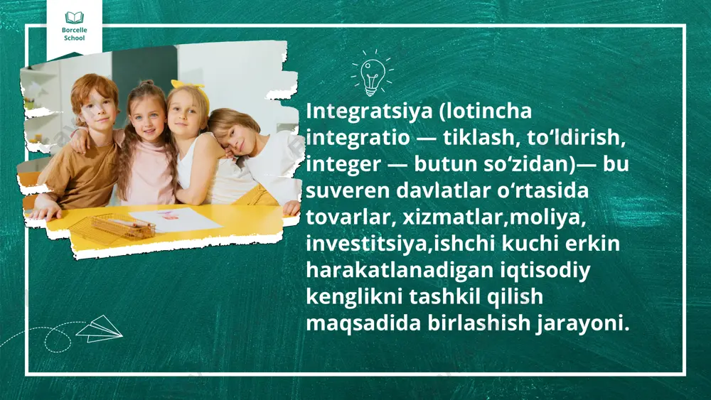 eladigan darsliklar tuzilgan. borcelle school yondosh fanlarni uyg‘unlashtirish asosida tuzilgan kurslar yangi tabiiy fanlar va ilmiy yo‘nalishlar hosil bo‘lishiga olib keldi. yuqoridagi fikrlarga tayanib, integratsiyani o‘qituvchilarning turli fanlar bo‘yicha kuzatishlari va xulosalarini tasdiqlab yoki chuqurlashtirib beruvchi yangi dalillarni topib berish manbai deb baholash mumkin. integratsiya fanlarning mexanik birlashishi bo‘lmay, balki fanlararo sintez bo‘lib, alohida tizimlarning yaqinlashishi, bog‘lanishi va yagona bir yangi narsaning yaratilishidir. 01 02 borcelle school integratsiya ta’lim maqsadi sifatida olam tizimining alohida qismlari bog‘liqligini ko‘rsatuvchi bilimlarni berish emas, bolani barcha elementlari bir-biriga bog‘lik yaxlit olamni tasavvur qilishga birinchi qadamlarida o‘rgatish kerak. bu maqsadni boshlang‘ich maktab amalga oshirishi kerak. integratsiya-predmetli bilimlar chegarasida yangi tasavvurlarni qabul qilish vositasi. birinchi navbatda tabaqalashni bilimlar orasida bilmagan joylarni to‘ldirish, ular orasidagi aloqalarni o‘rganish lozim. 01 02 borcelle school integratsiya - “butun” degan ma’noni bildiradi, demak, u tafakkurning o‘sish jarayonlari turli qism va elementlarini bitta butunga birlashtirish, alohida tizimlarning yaqinlashishi, bog‘lanishi va yagona narsaning …