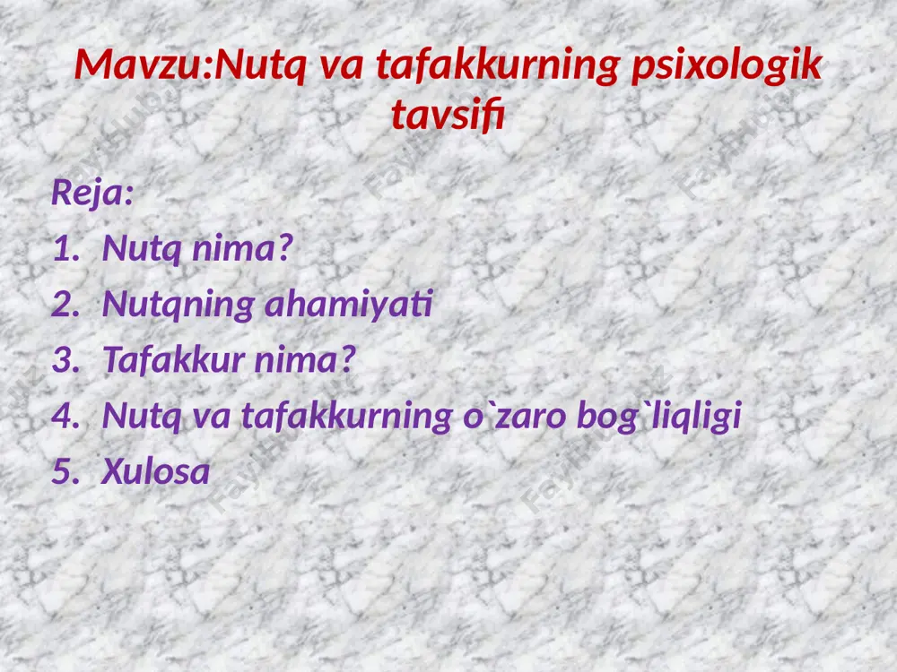 ik jihatdan aniq, lekin murakkab shakllanganligi, ogʻzaki nutq uchun xos boʻlgan ohang, mimika va qoʻl harakatlarining bevosita qoʻllana olmasligi bilan farqlanadi. nutqning monologik (qarang monolog) va dialogi k (qarang dialog) turlari mavjud. nutq aloqa-aralashuv vazifasidan tashqari yana boshqa vazifalar, chunonchi, poetik vazifa ham bajarishi mumkin. nutqning alohida koʻrinishi oʻqishdir. nutq — tilning fikr ifodalash va almashish jarayonlarida amal qilishi, tilning alohida ijtimoiy faoliyat turi sifatidagi muayyan yashash shakli. har bir kishining nutq individual, oʻziga xos xususiyatlarga ega boʻladi; va-holonki, asosiy til unsurlari — lugʻat tarkibi va grammatik qurilishi yakka shaxslargagina tegishli boʻlmay, umumnikidir, yaʼni muayyan til jamoasiga umuman taalluqyai boʻladi. nutq kishi tafakkuri, uning ongi bilan chambarchas bogʻliqdir. nutqda kishining oʻy-fikrlari shakllanadi va mavjud boʻladi. nutq tufayli va nutqasosida borliqni umumlashgan holda mavxumiy aks ettirish, individuallik doirasidan chiqib, jamoatchilik mahsuliga aylanadigan mantiqiy tushunchaviy fikrlash mumkin boʻladi. nutq kishi ruhiyatining boshqa jihatlarini, uning sezgilari, idroki, xotirasi, oʻyxayollari, hissiyoti, irodasi va boshqalarning …