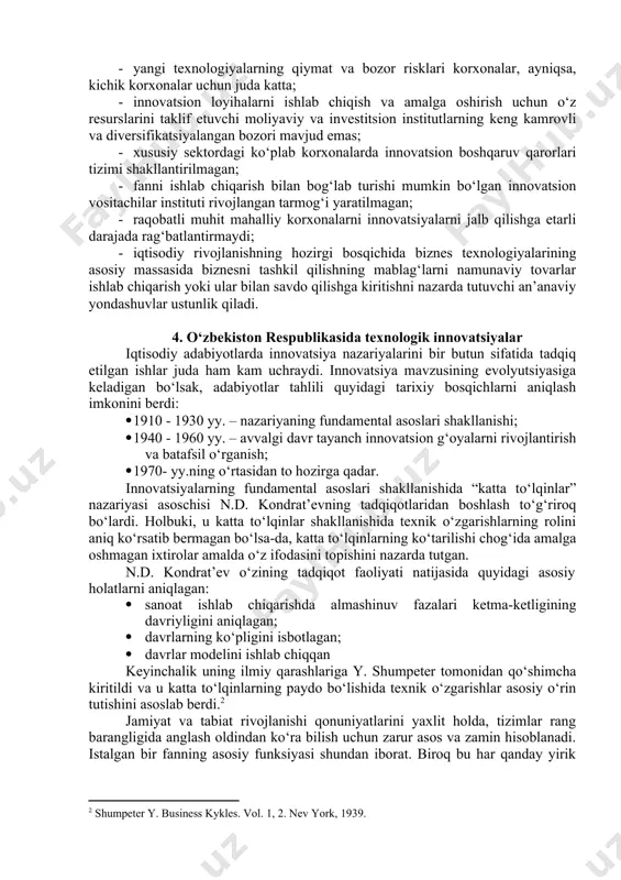 nlarning bir bo‘lagi bo‘lishi uchun, bozor chig‘irig‘idan o‘tishi kerak. fundamental fanning hamma natijalari ham ishlab chiqarishga zudlik bilan tatbiq etilavermaydi (innovatsion jarayonlar aynan ishlab chiqarish sohasida amalga oshiriladi). 3. o‘zbekistonning jahon bozoridagi fan sig‘imi yoqori mahsulotlardagi roli va o‘rni bugungi kunda jamiyat shu darajada taraqqiy etib ketdiki, unda o‘z o‘rniga ega bo‘lishni istagan har qanday mamlakat yoki kompaniya raqobatga kirishmog‘i shart bo‘lib qoldi. rivojlangan mamlakatlarda yohud dunyo sahnida aynan mana shunday raqobatbardosh kompaniyalargina o‘z hayotlari davomiyligini saqlab qolishi mumkin. shunday kompaniyalar ham borki, ular insoniyat tamaddunidan 20-30 yil ilgari yorishadi. zamonaviy innovatsion muhit holati ayrim ob’ektiv sabablarga ko‘ra qisqa muddat ichida mahalliy biznesning innovatsion darajasi yoqori bo‘lishiga imkon bera olmaydi va shu sababdan uning rivojlanishi davlatning ko‘plab yo‘nalishlari bo‘yicha kuch sarflashini talab qiladi. bunda quyidagi muammolarga e’tibor qaratish zarur: - biznesning ilmiy-texnik axborotlarga ega bo‘lishi uchun tranzaksiya harajatlari juda katta; - yangi texnologiyalarning qiymat va bozor risklari korxonalar, ayniqsa, kichik …