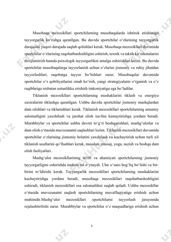 hda mashg‘ulotlarni rejalashtirish orqali o‘z maqsadlariga erishishlari uchun yordam berishlari mumkin.mashg‘ulot mezosikllari davomida sportchilar o‘zlarining qobiliyatlarini baholash, o‘z maqsadlarini belgilash va ularni amalga oshirish uchun zarur bo‘lgan strategiyalarni ishlab chiqishlari kerak. bu jarayon sportchilarga o‘zlariga bo‘lgan ishonchini oshirish, motivatsiyasini kuchaytirish va sport faoliyatida muvaffaqiyatga erishish imkonini beradi.ushbu mezosikllar sportchilarni tayyorlash jarayonida muhim rol o‘ynaydi. ular sportchilarning jismoniy tayyorgarligini oshirish, musobaqalarga tayyorgarlik ko‘rish va umumiy salomatlikni yaxshilash maqsadida amalga oshiriladi. mashg‘ulot mezosikllari sportchilarning qobiliyatlarini rivojlantirish va raqobatbardoshligini oshirishda muhim ahamiyatga ega bo‘lib, shuningdek, ularning ruhiy holatini va ijtimoiy aloqalarini mustahkamlashga yordam beradi.mashg‘ulot mezosikllari sportchilarning jismoniy holatini yaxshilash va jarohatlarni oldini olishda ham muhimdir. ular sportchilarning mushaklarini tiklash va energiya zaxiralarini to‘ldirishga yordam berishi, shuningdek, ularning umumiy salomatligini oshirishga xizmat qiladi. mashg‘ulot mezosikllarini to‘g‘ri rejalashtirish va amalga oshirish sportchilarning muvaffaqiyatiga erishish uchun zarurdir.mashg‘ulot mezosikllari sportchilarning jismoniy tayyorgarligini oshirish, musobaqalarga tayyorgarlik ko‘rish va umumiy salomatlikni yaxshilashda muhim rol o‘ynaydi. ular o‘zaro bog‘liq bo‘lishi …
