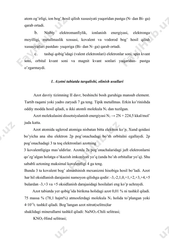bog’langan azotni o’simliklar va hayvonlar tomonidan qabul qilishi, atrof muhitda azot birikmalarining kamayishiga olib keladi. bu etishmovchilik sun’iy yo’l bilan to’ldiriladi, modomiki, bog’langan azotni tabiiy to’lishi (chaqmoq, azobakteriyalar faoliyati asosida) bilan uning yo’qolishi kompensatsiyalanmaydi (to’lmaydi). havo azotini bog’lash muammosi hozirgi zamon kimyo texnologiyasining eng asosiy muammollaridan biridir: havo azotini bog’lashni bir necha usullari mavjud: a. sintez usuli – bu usul erkin azot bilan kislorodning o’zaro ta’siriga asoslangan: n2 +o2 ↔ 2no bu reaksiya shunchalik endotermikki, hatto 30000c da ham muvozanat sezilarli darajada o’ngga siljimaydi. bu usul iqtisodiy jihatidan qulay emas. b. kalsiy sianamid usuli. bu jarayon bir necha bosqichdan iborat bo’lib, bu usulda qimmatbaho mahsulot cac2 sarf bo’ladi. shu sababli bu usul iqtisodiy jihatdan ancha qimmatga tushadi. 1) caco3 t0c↦cao + co2↑ 2) cao + 3c = cac2 + co↑ 3) cac2 + n2 = cacn2 + c 4) cacn2 + 3h2o = caco3 + 2nh3↑ c.azotni turli kompleks birikmalarga …