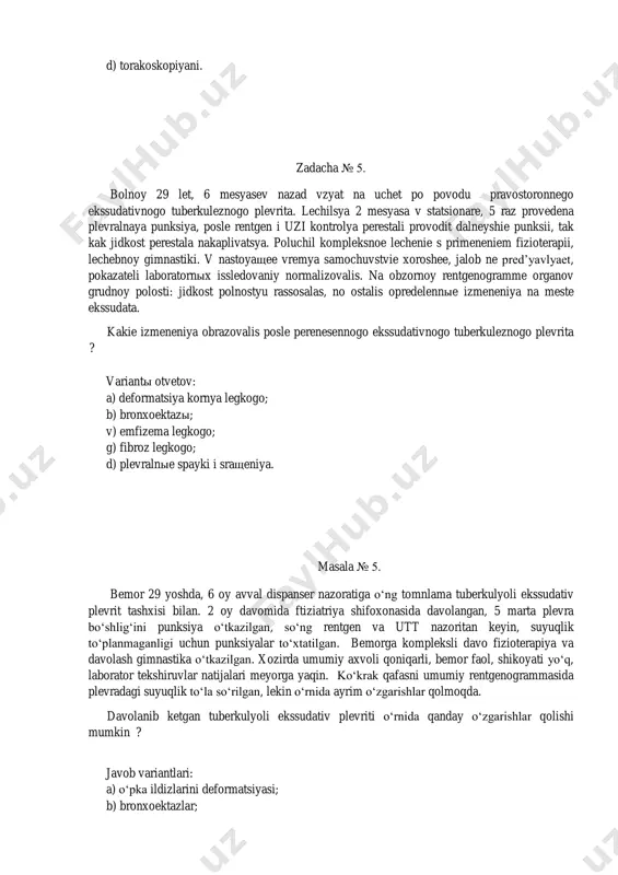 zoritan keyin, suyuqlik to‘planmaganligi uchun punksiyalar to‘xtatilgan. bemorga kompleksli davo fizioterapiya va davolash gimnastika o‘tkazilgan. xozirda umumiy axvoli qoniqarli, bemor faol, shikoyati yo‘q, laborator tekshiruvlar natijalari meyorga yaqin. ko‘krak qafasni umumiy rentgenogrammasida plevradagi suyuqlik to‘la so‘rilgan, lekin o‘rnida ayrim o‘zgarishlar qolmoqda. davolanib ketgan tuberkulyoli ekssudativ plevriti o‘rnida qanday o‘zgarishlar qolishi mumkin ? javob variantlari: a) o‘pka ildizlarini deformatsiyasi; b) bronxoektazlar; v) o‘pka emfizemasi; g) o‘pkada fibroz o‘zgarishlar; d)plevra varaqlarini qo‘shilib ketishi va birikmalar zadacha № 6. bolnoy 9 let, naxoditsya na lechenie vo ftiziatricheskom statsionare po povodu tuberkuleza vnutrigrudnыx limfaticheskix uzlov v faze infiltratsii bk-. cherez dve nedeli posle postupleniya v statsionar sostoyanie bolnogo rezko uxudshilos: poyavilas bol v pravoy storone, slabost, odыshka, temperatura tela povыsilas do 38,8 °s. ob’ektivno: pravaya polovina grudnoy polosti otstaet v akte dыxaniya, v nijnix otdelax pravogo legkogo golosovoe drojanie otsutstvuet, perkutorno — ukorochenie legochnogo zvuka, auskultativno — dыxanie rezko oslableno. na obzornoy rentgenogramme organov …