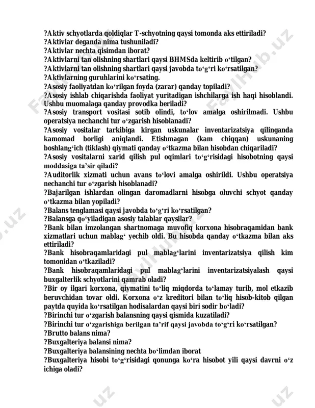 ti 0 so‘m, oxirgi qoldiq 75400 so‘m. debet oborot summasini aniqlang. ?agar ilgari oldindan to‘lov amalga oshirilmagan bo‘lsa, korxona elektr energiyaga hisobvaraq-faktura olgan paytida nima yuzaga keladi? ?agar korxonaning ustav kapitaliga ulushlari ta’sischilarning mehnat haqidan ushlab qolinsa qanday aks ettiriladi? ?agar ombordan ishlab chiqarishga yoqilg‘i moylash materiallari berilsa buxgalteriya hisobida qanday o‘tkazma bilan aks ettiriladi? ?aktiv schyotlarda qoldiqlar t-schyotning qaysi tomonda aks ettiriladi? ?aktivlar deganda nima tushuniladi? ?aktivlar nechta qisimdan iborat? ?aktivlarni tan olishning shartlari qaysi bhmsda keltirib o‘tilgan? ?aktivlarni tan olishning shartlari qaysi javobda to‘g‘ri ko‘rsatilgan? ?aktivlarning guruhlarini ko‘rsating. ?asosiy faoliyatdan ko‘rilgan foyda (zarar) qanday topiladi? ?asosiy ishlab chiqarishda faoliyat yuritadigan ishchilarga ish haqi hisoblandi. ushbu muomalaga qanday provodka beriladi? ?asosiy transport vositasi sotib olindi, to‘lov amalga oshirilmadi. ushbu operatsiya nechanchi tur o‘zgarish hisoblanadi? ?asosiy vositalar tarkibiga kirgan uskunalar inventarizatsiya qilinganda kamomad borligi aniqlandi. etishmagan (kam chiqqan) uskunaning boshlang‘ich (tiklash) qiymati qanday o‘tkazma bilan hisobdan chiqariladi? ?asosiy vositalarni xarid …