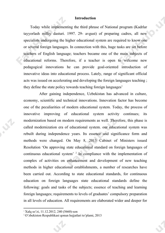 ence and significance form and methods were changed. on may 8, 2013 cabinet of ministers issued resolution ‘on approving state educational standard on foreign languages of continuous educational system’ in compliance with the implementation of complex of activities on enhancement and development of new teaching methods in higher educational establishments, a number of researches have been carried out. according to state educational standards, for continuous education on foreign languages state educational standards define the following: goals and tasks of the subjects; essence of teaching and learning foreign languages; requirements to levels of graduates’ compulsory preparation in all levels of education. all requirements are elaborated wider and deeper for those whose specialty is foreign languages. for example, reading comprehension for them implies the ability of understanding social specialty-related or other long, complex texts; belles letters and scientific-popular books, magazines, periodical materials, instructions, advertisement materials, various information sheets, documents, school record book, …