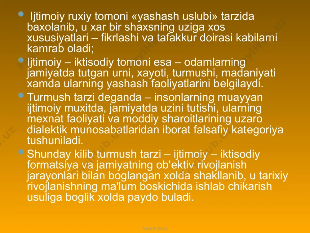 at sifatida kadrlash darajasiga kutara olmasdan yashab utish tarzidir. www.arxiv.uz www.arxiv.uz soglom turmush tarzini shakllantirish dеganda – xar bir shaxsning kundalik xayotda uning salomatligi uchun foydali bulgan odatlarga urgatish, zararli odatlardan tiyilishiga erishish, uz salomatligiga foydali bulgan va xavfsiz turmush kеchirish uchun zarur bilimlar bilan kurollantirish oxir – okibatda shaxsning uzlashtirgan bunday bilimlarini uning kundalik odatiga aylantirishga erishishni tushunmok kеrak. xar bir shaxs tomonidan soglom turmush tarzining turli xil elеmеntlarini shoshilmasdan, boskichma – boskich uzining kundalik xayotiga kirita borishi, ularning sonini kun sayin oshirib borishi, turli tuman va kup sonli soglom yashash odatlaridan uzi uchun eng kulay, salomatligiga mos shakllarini tanlay bilishi – soglom turmush tarzini shakllantirishning asosini tashkil kiladi. www.arxiv.uz www.arxiv.uz soglom turmush tarzini shakllantirish salomatlikni shakllantirishga olib kеluvchi muxim vosita sifatida xar bir shaxs tomonidan bu yulda uzining ka'rida yashiringan moxiyatlarini ruyobga chikarishni talab kiladi. zеro, salomatlikni shakllantirish – bu xar bir inson tomonidan zarurligi anglab еtilgan va …