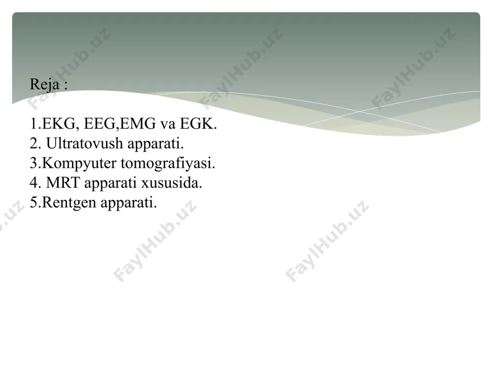 li 10 000 va undan ortiq barobar kuchaytirilib katodli ossillograf yordamida foto qog‘ozda yoki metelizirlangan qog‘ozda va boshqa usullar bilan qayd qilinadi. elektrogastrografiya (egg) - feiektr + oshgozon + yozish, tasvirlash oshqozon mushaklarining harakat faoliyatida yuzaga keladigan biopotensiallarni qayd qilish usuli. bu usulni amalga oshiradigan priborga elektrogastrograf deyiladi. elektrogastrografiya usulini tatbiq qilish prinsipi elektrokardiografiya usuliga o’xshaydi. oshqozon muskullarini qisqarishi natijasida hosil bo‘ladigan elektr signallarini elektrogastrograf yordamida qayd qilinadi, chunki oshqozon yurak kabi o'zining elektr ritmiga ega. ut apparatining tuzilishi. ultratovush qurilmasi: monitor, generator, qabul qiluvchi qurilma, datchik, printer, kabellar va ulanish manbai va boshqa tarkibiy qismlardan iborat. datchiklar foydalanishiga qarab quyidagi turlarga bo’linadi: 1. chiziqli datchiklar 2. sektorli datchiklar 3. konvektsli datchiklar datchiklaming ishlatilish sohalari: 1. akusherlikda-chiziqli va konvektsial datchiklar; 2. umumiy amaliyotda-sektorli va konvektsial; 3. pediatriyada - chiziqli va sektorli ishlatiladi. exoensefalografiya. exoensefalografiya (exoeg) grekcha echo - tovush, encephalon - bosh miya, grapho - yozmoq, tasvirlamoq degan ma’noni anglatadi. …