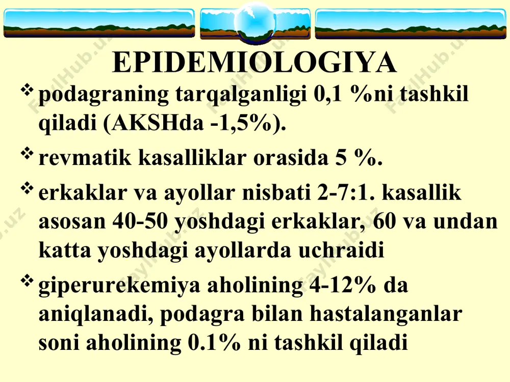 tgenografiyasi – osteoporoz, «shtampli» o'choqlar, «suyak qirrasining bo'rtishi» simptomi. sinovial suyuqlikni tekshirish: rangi tinik, qovushqoqligi kamaigan. mikroskopik urat kristallari aniqlanadi. tofuslarning punksion biopsiyasi: siidik kislota kristallarining aniqlanishi podagrik artritning rentgenologik ko'rinishi surunkali giperurikemiyaning buirak asoratlari siydik-tosh kasalligi surunkali uratli (podagrik) nefropatiya bemorlarning 20-40%da proteinuriya va «yumshoq» arterial gipertenziya aniqlanadi kam hollarda nefroskleroz, og'ir arterial gipertenziya, buirak faoliyatining buzilishi uratlar (siydik kislota tuzlari) suyak ichida tuplanishidan hosil bo’lgan destruksiya podagrali bemorlarda quiidagi yondosh kasalliklar bilan hastalanish darajasi oshadi: arterial gipertenziya qandli diabet tomirlarning aterosklerotik jarohatlanishi gipertrigliseridemiya differensial tashhis psevdopodagra reaktiv artrit palindrom revmatizm revmatoid artrit o'tkir revmatik isitma osteoartroz davolash o’tkir podagrik artrit hurujini davolash uzoq vaqt permanent davolash rejim tana vaznini me’yorlash alkogolni istisno qilish parhez giperurekimiyani kamaitiruvchi dori vositalari fizioterapevtik davo sanator kurort davo jarrohlik io'li bilan davolash iii. dispaser nazorati o'tkir podagra hurujini davolash umumii muolajalar (tinchlik, oyoqlarni yuqori ko'tarish, ko'p miqdorda suyuqlik ichish) medikamentoz davo kolhisin yaqnv …
