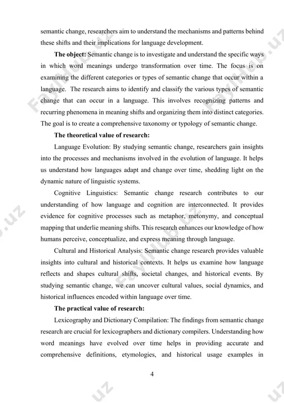 : semantic change research contributes to our understanding of how language and cognition are interconnected. it provides evidence for cognitive processes such as metaphor, metonymy, and conceptual mapping that underlie meaning shifts. this research enhances our knowledge of how humans perceive, conceptualize, and express meaning through language. cultural and historical analysis: semantic change research provides valuable insights into cultural and historical contexts. it helps us examine how language reflects and shapes cultural shifts, societal changes, and historical events. by studying semantic change, we can uncover cultural values, social dynamics, and historical influences encoded within language over time. the practical value of research: lexicography and dictionary compilation: the findings from semantic change research are crucial for lexicographers and dictionary compilers. understanding how word meanings have evolved over time helps in providing accurate and comprehensive definitions, etymologies, and historical usage examples in dictionaries. it ensures that dictionaries reflect the current and historical …