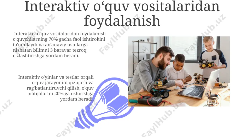 krlashni, muammo hal qilishni o'rganadilar. masalan, 10 ta har xil vazifani bajarish uchun robotlarni dasturlash orqali ularning muhandislik qobiliyatlari rivojlanadi. lego mindstorms kabi robot konstruktorlaridan foydalanib, o'quvchilar mexanika, elektronika va dasturlash prinsiplarini amalda qo'llaydilar, shu bilan birga 5-10 kishilik guruhlarda hamkorlik qilishni o'rganadilar. dasturlash asoslarini oʻrgatish python dasturlash tilini o'rgatishda 15 ta amaliy loyiha, jumladan, veb-sayt yaratish va ma'lumotlar bazasi bilan ishlash bo'yicha mashqlar, talabalarning amaliy ko'nikmalarini oshirishga yordam beradi. arduino mikrokontroleri yordamida robototexnika asoslarini o'rgatishda 5 ta turli sensorlar va 3 ta aktuatorlar bilan ishlashni o'z ichiga olgan loyihalar, talabalarga dasturlashning jismoniy dunyo bilan integratsiyasini tushunishga yordam beradi. stem texnologiyalarining ta’rifi va ahamiyati stem yondashuvi 10 dan ortiq turli fanlarni integratsiyalash orqali o'quv jarayonini boyitadi va amaliy bilimlarni egallashga imkon beradi, shu bilan birga innovatsion fikrlashni rag'batlantiradi. stem texnologiyalari fan (science), texnologiya (technology), muhandislik (engineering) va matematika (mathematics) fanlarini o'z ichiga oladi va 21-asr ko'nikmalarini rivojlantirishda muhim ahamiyatga ega. …