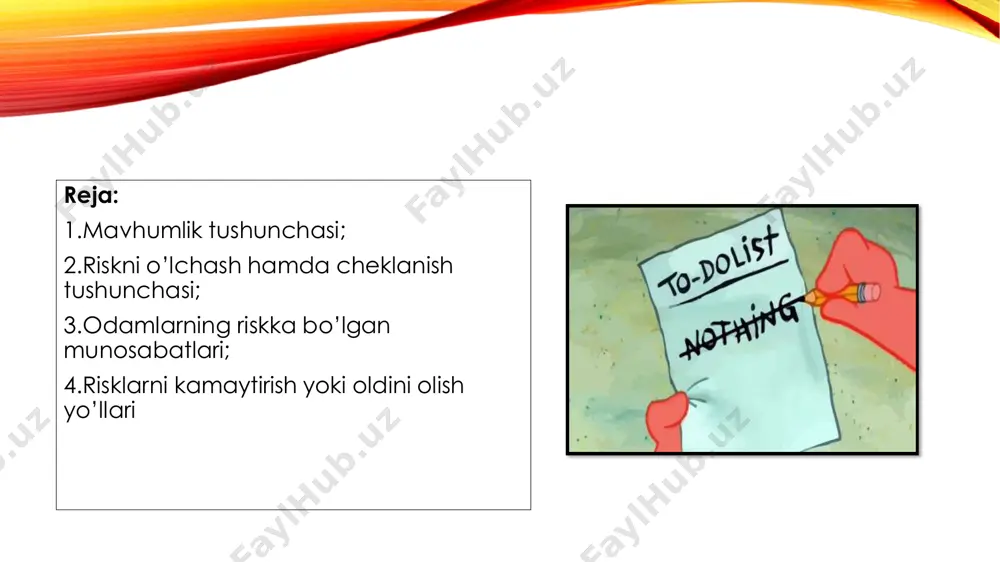 ence https://en.wikipedia.org/wiki/information_science 1.risklarning yuzaga kelish sabablari: -tabiiy hodisalardan kelib chiquvchi(suv toshqinlari,sel,yer qimirlashi); -ijtimoiy-jamoat muhitidan kelib chiquvchi(aldov,jinoyat,kuz da tutilmagan ziyon yetkazish). 2.riskka ta’sir etish imkoniyati bo’yicha: -ekzogin(tashqi) risklar(ularga ta’sir qolish qaror qabul qiluvchining zimmasiga tushmaydi,zararlar oqibatlarini kamaytirish bilan cheklanadi); -endogen(ichki) risklar- qaror qabul qiluvchi shaxs ta’sir doirasida bo’ladi,risklarni yuzaga keltirish imkoni kamayadi,deyarli bo’lmaydi. -moliyaviy -siyosiy -ekalogik -transport risk har qanday usul bilan baholangan ehtimollik,noaniqlik esa baholab bo’lmaydigan holat. risk turlari biznes riski- foyda miqdoriga salbiy ta’sir ko’rsatadi(siyosat, mamlakatning iqtisodiy ahvoli) moliyaviy risklar-pulning xarid quvvati bilan bog’liq risklar va sarmoyalarni qo’yish bilan bog’liq risklar(inflatsion, defelyatsion, valyuta, likvidlilik) kridet riski- qarz oluvchi tomonidan asosiy qarzni yoki tegishli qarzni to’lamaslik havfi sug’irtaviy risk-bu sug’urta hodisasi ro’y bergish ehtimolligi hamda ko’rilishi mumkin bo’lgan zararning miqdoriy ko’rinishi. transport,birja riski,bankrotlik riski…….. risk obyektlarining kompleks sinflari: -ishchi kuchi; -mol-mulk; -sarmoya; -axborot. risklarni o’lchay olamizmi biror voqia-hodisa to’g’risida axborot to’liq bo’lmasa,qabul qilingan qaror salbiy oqibatlarga olib keladi. ushbu yoqitishlar …