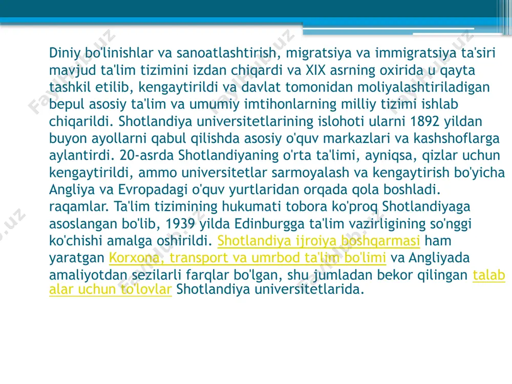 itani ta'minladilar.[4] o'rta asrlarda yangi ta'lim manbalari paydo bo'ldi qo'shiq va grammatika maktablari. ular odatda soborlarga biriktirilgan yoki kollej cherkovi va rivojlanayotgan burglarda eng keng tarqalgan. o'rta asrlarning oxiriga kelib gimnaziya maktablari barcha asosiy burglarda va ba'zi kichik shaharlarda joylashgan bo'lishi mumkin edi. dastlabki misollar, shu jumladan glazgo o'rta maktabi 1124 yilda va dandi o'rta maktabi 1239 yilda.[5] qishloq joylarda keng tarqalgan va boshlang'ich ta'lim beradigan kichik maktablar ham mavjud edi.[6] cistercian kabi ba'zi monastirlar kinlossda abbatlik, kengroq talabalar uchun o'z eshiklarini ochdi.[6] ushbu maktablarning soni va hajmi 1380-yillardan boshlab tez kengayganga o'xshaydi. ular deyarli faqat o'g'il bolalarga qaratilgan edi, ammo xv asrning oxirlarida edinburgda qizlar uchun maktablar ham bor edi, ba'zan "tikuvchilik maktablari" deb nomlangan va ehtimol oddiy ayollar yoki rohibalar tomonidan o'qitilgan.[5][6] shuningdek, lordlar va boy burgerlar oilalarida xususiy o'qitish rivojlandi.[5] ta'limga tobora ortib borayotgan e'tibor, o'tgan davr bilan birlashdi ta'lim to'g'risidagi qonun 1496baronlarning barcha o'g'illari va moddaning …