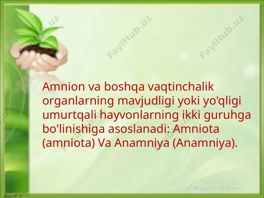 va tabiiy suv muhitini yaratadi. amnionda ham embriondan tashqari somatoplevraning mezodermal qatlami mavjud bo'lib, silliq mushak tolalarini hosil qiladi. bu mushaklarning qisqarishi amnionning pulsatsiyalanishiga olib keladi va bu jarayonda embrionga yetkaziladigan sekin tebranish harakatlari, aftidan, uning o'sayotgan qismlari bir-biriga xalaqit bermasligiga yordam beradi. chorion (seroz) - qobiq yoki ona to'qimalariga ulashgan eng tashqi germinal membrana, amnion kabi ektoderma va somatoplevrada paydo bo'ladi. xorion embrion va o'rtasidagi almashinuv uchun ishlatiladi muhit. tuxumdonli turlarda uning asosiy vazifasi nafas olish gazlari almashinuvidir; sutemizuvchilarda nafas olishdan tashqari oziqlanish, chiqarish, filtrlash va gormonlar kabi moddalarni sintez qilishda ishtirok etib, ancha kengroq funktsiyalarni bajaradi. tuxumdonli turlarda uning asosiy vazifasi nafas olish gazlari almashinuvidir; sutemizuvchilarda nafas olishdan tashqari oziqlanish, chiqarish, filtrlash va gormonlar kabi moddalarni sintez qilishda ishtirok etib, ancha kengroq funktsiyalarni bajaradi. image1.png image2.png image3.png image4.png image5.png image6.png image7.png image8.jpeg