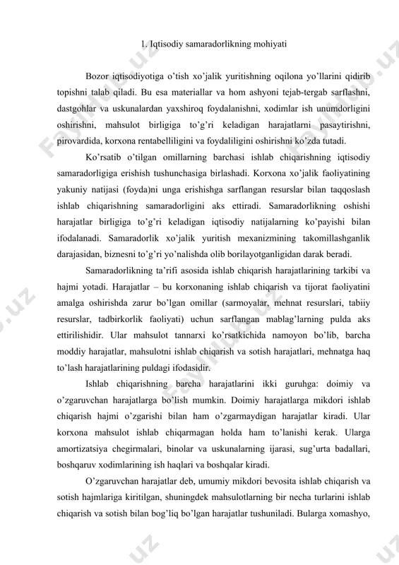 miy harajatlarga mikdori ishlab chiqarish hajmi o’zgarishi bi​lan ham o’zgarmaydigan harajatlar kiradi. ular korxona mahsulot ishlab chiqarmagan holda ham to’lanishi kerak. ularga amortizatsiya chegirmalari, binolar va uskunalarning ijarasi, sug’urta badallari, boshqaruv xodimlarining ish haqlari va boshqalar kiradi. o’zgaruvchan harajatlar deb, umumiy mikdori bevosita ish​lab chiqarish va sotish hajmlariga kiritilgan, shuningdek mahsulotlarning bir necha turlarini ishlab chiqarish va so​tish bilan bog’liq bo’lgan harajatlar tushuniladi. bularga xomashyo, materiallar, yoqilg’i va elektr energiyasi, ishchilar mehnatiga haq to’lash va boshqa harajatlar kiradi. ishlab chiqarish harajatlarining bunday bo’linishi korxonalar faoliyati samaradorligining har xil ko’rsatkichlarini aniqlash uchun zarurdir. ishlab chiqarish samaradorligini aniqlash uslubi umumiy harajatlar va ularning ayrim turlarini xo’jalik faoliyati​ning natijalari bilan taqqoslashdan iboratdir. buning uchun turli xil ko’rsatkichlardan foydalaniladi. bu ko’rsatkichlarning belgilangan tasnifi mavjud emas. har bir korxona iqtisodiyotini o’rganuvchi ularni o’zicha, u yoki bu ko’rsatkichlarning ahamiyatini ta’kidlash zaruriyatidan kelib chiqqan holda yoki korxona ishi natijalarini har tomonlama baholagan holda guruhlarga ajratadi. barcha ko’rsatkichlarni …