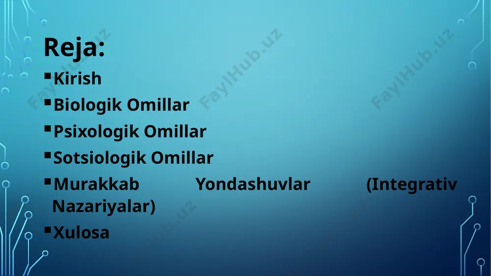 a diagnostika va aralashuv individual yondashuv eʼtibor berish kerak: biologik determinizm (faqat biologiya hamma narsani belgilaydi degan tushuncha) notoʻgʻri. insonning biologik moyilligi atrof-muhit va tarbiya bilan oʻzaro bogʻliqlikda namoyon boʻladi. psixologik omillar: muammo: psixologik buzilishlar, shaxsiyat xususiyatlari va aqliy rivojlanishdagi muammolar jinoyatga olib kelishi mumkin. ularni aniqlash va davolash dolzarb vazifadir. yechim va tahlil: psixologik skrining va maslahat ruhiy salomatlikni mustahkamlash reabilitatsiya dasturlariga integratsiya. sotsiologik omillar: muammo: ijtimoiy-iqtisodiy tengsizlik, oiladagi muammolar, yomon muhit va ijtimoiy nazoratning zaifligi jinoiy xulq-atvorning keng tarqalgan sabablaridir. yechim va tahlil: ijtimoiy-iqtisodiy rivojlanish qashshoqlikka qarshi kurash; taʼlimga sarmoya: oilaviy muhitni mustahkamlash: ota-onalik koʻnikmalarini oshirish bolalar uchun himoya tizimlari tengdoshlar guruhi ta`sirini boshqarish: yoshlar klublari va sport seksiyalari mentoring dasturlari ijtimoiy nazoratni kuvhaytirish: jamoat nazoratini faollashtirish huquqni muhofaza qilish tizimini takomillashtirish integrativ yondashuvlar: muammo: jinoiy xulq-atvorga bir yoki ikki omil emas, balki bir nechta omillarning oʻzaro taʼsiri sabab boʻladi. bir tomonlama yechimlar samarasiz boʻlishi mumkin. yechim va …