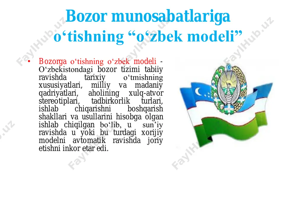 i hal qilishga qodir, davlat chegaralari va uning hududiy yaxlitligi hamda daxlsizligiga har qanday tajovuzlarni zararsizlantirish va munosib ravishda qaytarishga qodir bo‘lgan, zamonaviy, harakatchan, yaxshi qurollangan armiya tashkil etishdir. mustaqillik yillarida mudofaa va xavfsizlik tizimining shakllanishi 5 foydanildan adabiyotlar: • 1.o‘zbekiston respublikasining konstitutsiyasi.- t:”o‘zbekiston”, 2017 y. • 2.karimov i.a.o‘zbekiston:milliy istiqlol, iqtisod, siyosat, mafkura.-t:1-tom,”o‘zbekiston”, 1996 y. • 3.levitin l.o‘zbekiston tub burilish pallasida.- t:o‘zbekiston,2005 y. • 4.erkaev a. o‘zbekiston yo‘li.-t: “ma’naviyat”, 2011 y. • 5.mustaqillik:ilmiy-ommabop lug‘at.-t:sharq, 2006 y. • 6.mustaqil o‘zbekiston tarixi.-t: akadmiya, 2013 y. e'tibоringiz uchun rahmat! 1 6