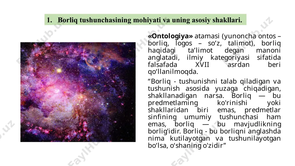 surat); jon (an-nafs); faol aql (al-aql al-faol); (sababi - soniy) - samoviy jismlar borlig'i; (sababi-avval) - alloh; 6-sabab 5-sabab 4-sabab 3-sabab 2-sabab 1-ilk sabab abu nasr forobiy yagona borliqni 6 bosqichdan iborat deb hisoblagan: substansiyaning o‘ziga xos xususiyatlari o‘z-o‘zining sababchisi hisoblanadi, uni yaratib va yo‘q qilib bo‘lmaydi hech narsaga bog‘liq bo‘lmagan, barqaror, o‘zgarmas va mutlaq birinchi negizni ifodalaydi birinchi negizning yagonaligini nazarda tutadi mohiyat va mavjudlikning birligini ko‘rsatadi barcha hodisalarning umumiy sababiy bog‘liqligini o‘z ichiga oladi o‘z-o‘zini belgilash universallik yagonalik yaxlitlik kauzallik turli falsafiy ta’limotlarda dunyoning birligi va uning kelib chiqishiga nisbatan yondashuvlar monizm- «monizm» (yunon. monos – bitta, yagona) dunyo narsalar va hodisalar rang-barangligi bir substansiyadan iborat. dualizm. (lot. dualis – ikki yoqlama) birinchi asos sifatida ikkita substansiya olingan falsafiy yondashuv (dekart) plyuralizm «plyuralizm» (lot. – ko‘plik, ko‘p xillik, ko‘p sonlik) dunyoning negizida ikkita emas, balki undan ko‘proq mohiyat borligini tan oluvchi ta’limot.(leybnes monadalari) materialistik monizm monizm-dunyo yagona va …