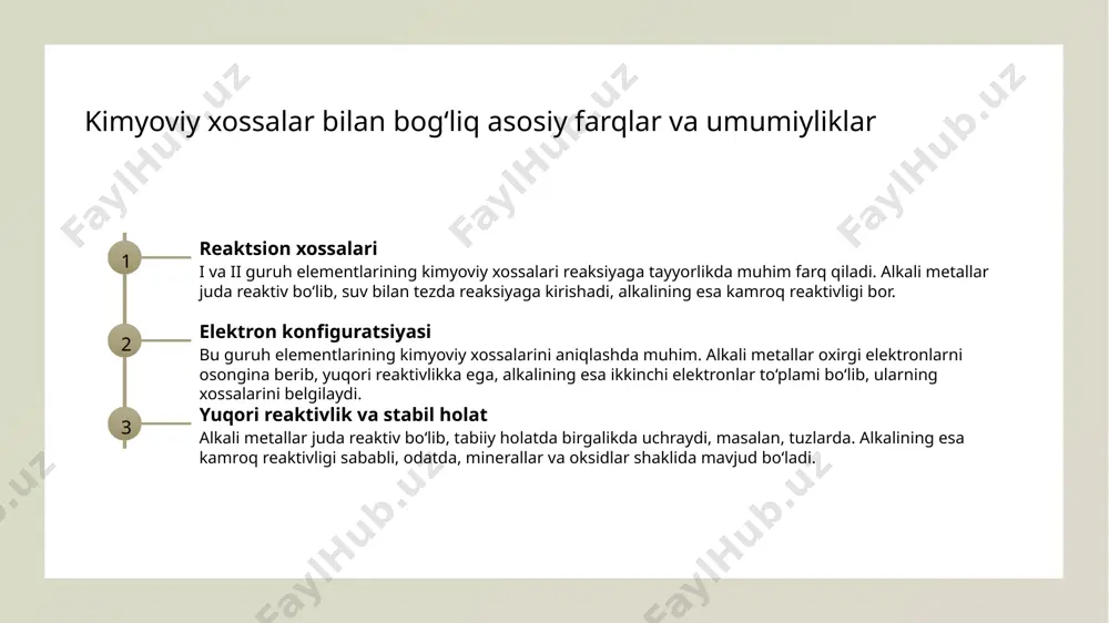 iy reaksiyalardagi roli. reaktivlik darajasi alkali metallarning reaktivligi yuqori bo‘lib, ular osongina oksidlanadi va suv bilan tezkor kimyoviy reaksiyaga kirishadi. bu xususiyat ularni ehtiyotkorlik bilan saqlashni talab qiladi. kimyoviy reaksiyalar ular ko‘plab kimyoviy reaksiyalarda faol ishtirok etadi, masalan, metallarning gidridlar va halogenidlar hosil qilishda, bu esa sanoat va kimyo sohalarida muhimdir. tabiiy holati alkali metallarning tabiiy holati asosan birikmalarda bo‘ladi, ularning erkin shaklda topilishi juda kam, odatda tuzlar va mineral rudlar shaklida mavjud. sanoatdagi ahamiyati bu metallar kimyo, metallurgiya va energetika sohalarida keng qo‘llaniladi, masalan, batareyalar, va kimyoviy mahsulotlar ishlab chiqarishda muhim rol o‘ynaydi. alkaline earth metallarining kimyoviy xususiyatlari va ularning o'ziga xosligi. 1 kimyoviy xossalar alkaline earth metallari, o'zining kuchli oksidlanish xususiyati bilan ajralib turadi, ular ko'pincha suv bilan reaksiyaga kirishadi va gidroksidlar hosil qiladi. 2 elektron konfiguratsiyasi ularning elektron konfiguratsiyasi ns2 shaklida bo'lib, bu ularning kimyoviy xossalarini belgilaydi va reaktivligini oshiradi. 3 reaktivlik darajasi alkaline earth metallarining reaktivligi …