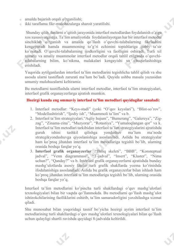 interfaol ta’lim strategiyalari, interfaol grafik organayzerlarga ajratish mumkin. hozirgi kunda eng ommaviy interfaol ta’lim metodlari quyidagilar sanaladi: 1. interfaol metodlar: “keys-stadi” (yoki “o’quv keyslari”), “blist-so’rov”, “modellashtirish”, “ijodiy ish”, “muammoli ta’lim” va b. 2. interfaol ta’lim strategiyalari.“aqliy hujum”, “bumerang”, “galereya”, “zig-zag”, “zinama-zina”, “muzyorar”, “rotastiya”, “yumaloqlangan qor” va k. interfaol ta’lim metodlari tarkibidan interfaol ta’lim strategiyalarini ajratishda guruh ishini tashkil qilishga yondashuv ma’lum ma’noda strategikyondashuvga qiyoslanishiga asoslaniladi. aslida bu strategiyalar ham ko’proq jihatdan interfaol ta’lim metodlariga tegishli bo’lib, ularning orasida boshqa farqlar yo’q. 3. interfaol grafik organayzerlar: “baliq skeleti”, “bbb”, “konsteptual jadval”, “venn diagrammasi”, “t-jadval”, “insert”, “klaster”, “nima uchun?”, “qanday?” va b. interfaol grafik organayzerlarni ajratishda bunday mashg’ulotlarda asosiy fikrlar turli grafik shakllarda yozma ko’rinishda ifodalanishiga asoslaniladi. aslida bu grafik organayzerlar bilan ishlash ham ko’proq jihatdan interfaol ta’lim metodlariga tegishli bo’lib, ularning orasida boshqa farqlar yo’q. interfaol ta’lim metodlarini ko’pincha turli shakllardagi o’quv mashg’ulotlari texnologiyalari bilan bir vaqtda qo’llanmokda. bu metodlarni qo’llash …