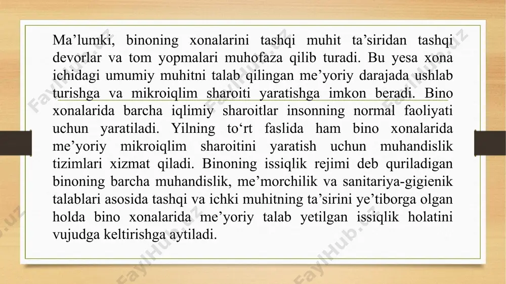 ig‘indisidan iborat bo‘lishi mumkin. shu sababli tashqi to‘siq konstruksiyalardan yo‘qolayotgan issiqlik miqdorini aniqlash paytida (issiqlik uzatuvchanlik qarshiligi) bu ko‘rsatgichlar birinchi galda hisobga olinadi. bu tashqi meteorologik ko‘rsatgichlarga quyidagilar kiradi: tashqi havoning harorati tt0, tashqaridagi shamolning tezligi vsh; absolyut va nisbiy namlik, quyosh radiatsiyasi; shamol yo‘nalishi va yog‘ingarchiliklar. tashqi to‘siq konstruksiyalarni issiqlik fizik hisoblari uchun qmq 2.01.01-94 ga asosan tashqi havoning hisobiy ko‘rsatgichlari badasturlik koeffitsienti 0,92 va 0,98 uchun qabul qilinadi. binodagi xonalardan yo‘qoladigan issiqlikni hisoblashda badasturlik 0,92 bo‘lgan hol uchun qabul qilinadi. tashqi to‘siq konstruksiyasining umumiy issiqlik uzatish qarshiligi uch xil qarshilikdan iborat: 1) issiqlik miqdorining ichki havodan konstruksiya ichki sirtiga o‘tishdagi qarshilik. bu issiqliklik singdirish qarshiligi (ri) deyilib, ichki havo harorati bilan konstruksiya ichki sirti haroratlarining farqi tufayli vujudga keladi va bu farq quyidagicha ti - ti yoziladi; 2) issiqlik miqdorining konstruksiya qatlamlaridan o‘tish­dagi qarshilik. bu konstruksiyaning termik qarshiligi (r) deyiladi va u konstruksiya ichki sirtining harorati bilan tashqi …