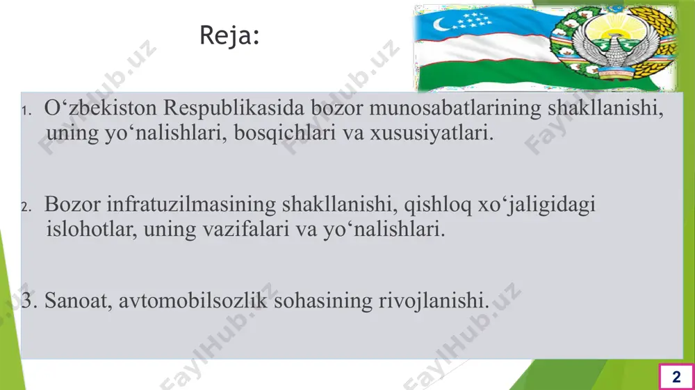 ishlab chiqarish tuzilmasini o`zgartirish kabilar o`zbekiston respublikasi prezidentining “o`zbekiston respublikasining milliy valyutasini muomalaga kiritish to`g`risida”gi 1994-yil 16-iyundagi farmoni bilan 1994-yil 1-iyulidan respublika hududida yagona, cheklanmagan va qonuniy to`lov vositasi sifatida so`m muomalaga chiqarilgan bozor munosabatlariga asoslangan demokratik jamiyat qurishning asosiy tamoyillari 1 iqtisod siyosatdan ustun turib mafkuraviy tayziqlarsiz, o'ziga xos ichki qonunlarga muvofiq rivojlanmog'i kerak: 2 davlat bosh islohotchi o'rnida bo'lib, uning yo'nalishlarini belgilab beradi va amalga oshiradi: 3 bozor munosabatlariga o'tish qonun ustivorligini talab qiladi. butun xalq tomonidan qabul qilingan konstitusiya va qonunlarga amal qilinishi shart: 4 bozor munosabatlarini joriy etish bilan bir vaqtda aholini kuchli himoya qilishning kuchli ijtimoiy siyosatini o'tkazish; 5 bozor iqtisodiyotiga o'tish evolyusion yo'l bilan, bosqichma-bosqich amalga oshirilmog'i zarur. mamlakatda mulk shakllarining isloh qilinishi va uning qoidalari mustaqillikning dastlabki yillarida davlat mulkini xususiylashtirish iqtisodiy islohotlarning ichki mantig`iga bo`ysundiriladi va ularning asosini tashkil qiladi mulkni xususiylashtirish davlat tomonidan boshqariladi xususiylashtirishni huquqiy- me’yoriy jihatdan ta’minlashda qonunlarga rioya …