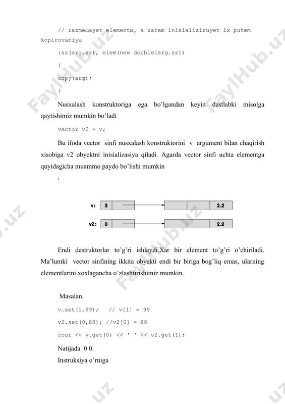 / . . . } e’tibor qiling elementlar miqdori kompilyasiya etapigacha ma’lum bo’lishi kerak, agar noma’lum bo’lsa ko’rsatkich bilan aniqlashimiz kerak bo’ladi.bu xolda vector sinfi elementlaridan massiv xosil qilinadi.qanday qilib massiv elementlari ‘otiraga joylashishini misol orqali ko’rsatamiz masala qaraymiz. void f2() { char lac[20]; // lokalnыy massiv; "jivet"” do konsa oblasti // vidimosti lac[7] = 'a'; *lac = 'b'; //ekvivalent instruksii lac[0]='b' lac[–2] = 'b'; // ?? lac[200] = 'c'; // ?? } bu funksiya kompilyasiya qilinadi, ammo ma’lumki barcha funksiya xam to’g’ri ishlayvermaydi []operatordan foydalanildi ammo u massiv chegaralaridan chiqib ketmasligi tekshirilmadi, shuning uchun xam bu f2() funksiya ishlaydi ammo natijada lac[–2] va lac[200] yozuvlar dasturni salbiy natijalarga olib keladi. xar doim massiv o’lchamlari xaqida gap ketganda dasturchi o’lchamlar masalasini o’zi aniqlagan va tekshirgan bo’lishi zarurligini aytib o’tamiz. bu ishlarni dasturchi o’rniga kompilyator aniqlashi mumkinmi, massiv lac faqat 20 ta element olishi mumkinligi, bunday lac[200] bo’lishi mumkin emasligini ? …