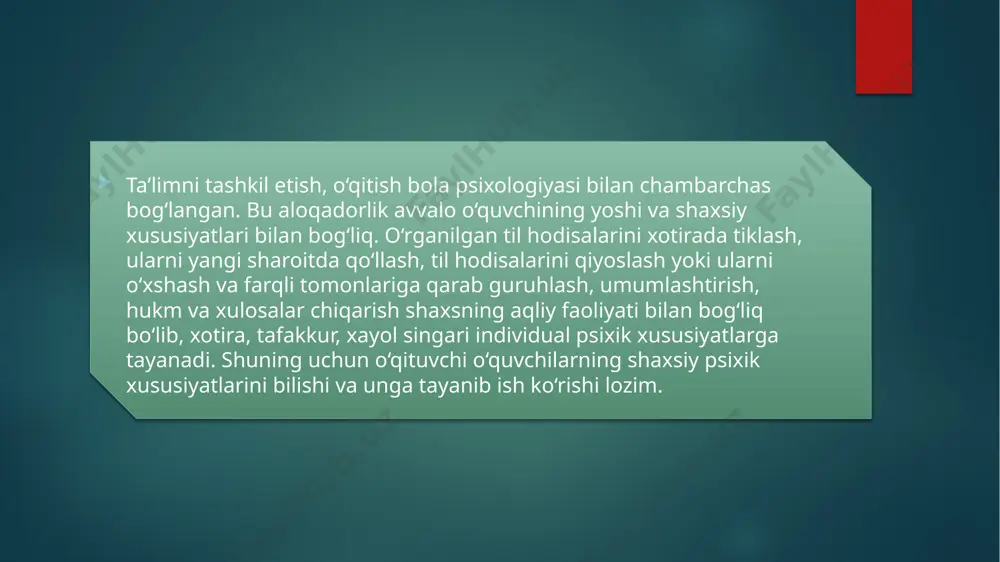 a’no turlari. fe’lda zamon, shaxs-son, zamon, mayl shakllari. yordamchi so’z turkumlari. yordamchi so’zlar ta’rifi. modal so’zlar va ularning ta’rifi. undov so’zlar va ularning tasnifi. taqlid so’zlar. sintaksis. gap bo’laklari. sintaksis haqida ma’lumot. gap bo’laklari va ularni turlari. ega, kesim, hol, to’ldiruvchi, aniqlovchi haqida. so’z birikmasi va sodda gap sintaksisi. so’z birikmasi haqida. so’z birikmalarida tobe va hokim bo’lak. sodda gap, egali va egasiz gaplar haqida ma’lumot berish. qo’shma gap sintaksisi. qo’shma gap va ularning turlari haqida tushuncha hosil qilish. ergashgan qo’shma gaplar, bog’langan qo’shma gaplar, bog’lovchisiz qo’shma gaplar e’tiboringiz uchun raxmat image2.png image3.png image4.png image5.png /docprops/thumbnail.jpeg