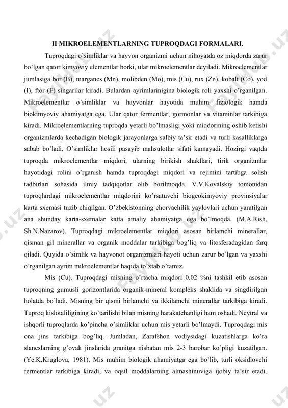 mliklar uchun mis yetarli bo’lmaydi. tuproqdagi mis ona jins tarkibiga bog’liq. jumladan, zarafshon vodiysidagi kuzatishlarga ko’ra slaneslarning g’ovak jinslarida granitga nisbatan mis 2-3 barobar ko’pligi kuzatilgan. (ye.k.kruglova, 1981). mis muhim biologik ahamiyatga ega bo’lib, turli oksidlovchi fermentlar tarkibiga kiradi, va oqsil moddalarning almashinuviga ijobiy ta’sir etadi. tuproqda mis yetishmaganda o’simliklarda oqsillar sintezi pasayadi va hosili ancha kamayadi. o’zbekiston fanlar akademiyasi tuproqshunoslik va agrokimyo instituti xodimlarining tadqiqotlari farg’ona vodiysi va mirzacho’lning sug’oriladigan yerlari tuprog’ida o’simliklarning o’zlashtirishi uchun qulay bo’lgan mis birikmalari juda kamligini ko’rsatadi. bunday yerlarda misli o’g’itlar qo’llanilganda paxta hosili 2,5-4 s/ga oshgan. hozirgi vaqtda olmaliq kimyo zavodida tarkibida mis bo’lgan ammofos olish texnologiyasi ishlab chiqilgan. rux (zn) tuproqning gumusli gorizontida ko’proq to’planadi va organik moddalar bilan murakkab birikmalar hosil qiladi. shuningdek rux tuproq kolloidlarida singdirilgan holda va turli minerallar tarkibida uchraydi. rux miqdori tuproqda o’rtacha 0,005 %ni tashkil etadi. rux o’simliklardagi biologik jarayonlarni kuchaytiradi va nafas olishda qatnashadigan fermentlar …