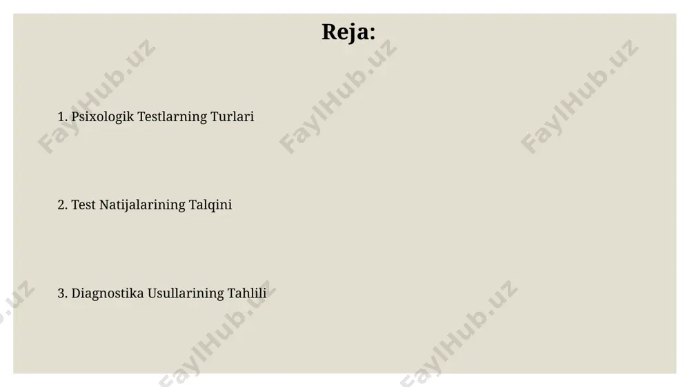 at xususiyatlarini o'lchab, individual farqlarni aniqlashga yordam beradi va dunyoning turli burchaklaridagi, jumladan o'zbekistondagi psixologlar tomonidan qo'llaniladi. proyektiv testlar proyektiv testlar, masalan, rorschach siyoh dog'lari testi, 1921-yilda shveytsariyada yaratilgan bo'lib, shaxsning ichki dunyosini aks ettirish uchun 10 ta noaniq rasmdan foydalanadi. tematik aperseptiv test (tat) kabi proyektiv testlar, 30 ta turli xil rasmlar orqali, shaxsning ehtiyojlari, motivatsiyalari va his-tuyg'ularini aniqlashga yordam beradi, ayniqsa amerika qo'shma shtatlarida keng qo'llaniladi. test natijalarini talqin qilish va hisobot tuzish hisobot tuzishda, 20-40 yoshdagi toshkentlik bemorning intellektual qobiliyatini aniqlash uchun veksler intellekt testlari natijalari taqqoslanadi va iq koeffitsienti aniqlanadi. proyektiv testlar, masalan, rorschach testi natijalari, 5 ta asosiy omil (shaxsning xususiyatlari) bo'yicha tahlil qilinib, 10-15 sahifali batafsil hisobot tuziladi va psixologik diagnostika markazi tomonidan tasdiqlanadi. psixologik testlarning turlari proyektiv testlar, masalan, rorschach siyoh dogʻlari testi yoki tematik apersepsiya testi (tat), subyektning noaniq tasvirlarga bergan javoblarini tahlil qilish orqali 10-20 ta turli shaxs xususiyatlarini aniqlash imkonini …