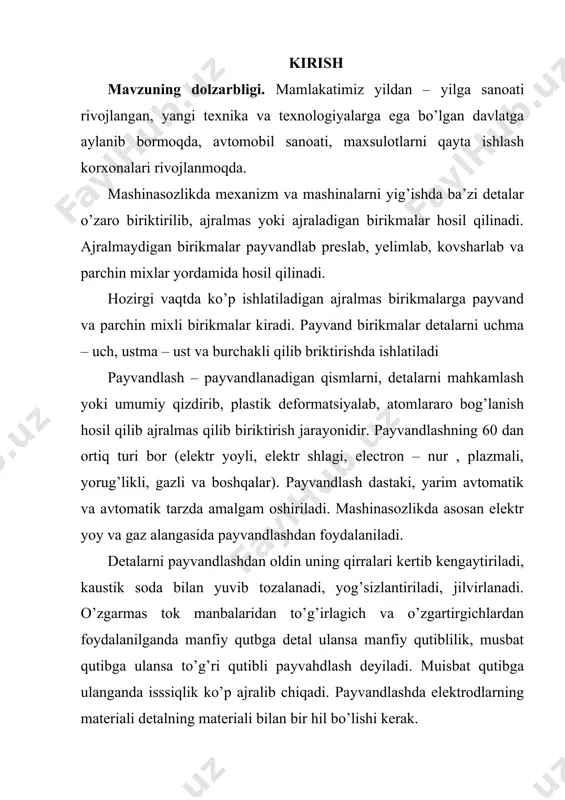 rikmalar ustma – ust, uchma – uch bi rust quymali, uchma – uch ikki ust quymali bo’ladi. choklarning joylashishiga qarab bir, ikki va ko’p qatorli parallel va shaxmat nusxa bo’ladi. ajraluvchan birkmalarni shkastlantirmasdan, buzmasdan qismlarga ajratish mumkin. rezbali birkmalar eng ko’p tarqalgan birkma bo’lib, vintli, shpilkali turlarga bo’linadi. ular mahkamlovchi va zichlovchi bo’ladi. rezbalarniki esa uchburchakli, to’rtburchakli, trapedtsial xillari bor. oddiy mahkamlovchi rezbali birkmalarda bolt yoki vint teshikka ma’lum zaror bilan kirgiziladi. zichlovchi birkmalarda esa bolt urib kiritiladi. birkma ajralib ketmasligi uchun kontrgaykalar, shaybalar ishlatiladi. shponkali va shlitsali birkmalar vallarda yoki o’qlarda aylanadigan detallarni o’zaro briktirishda ishlatiladi. shponkalarning prizmatik, silindirik va segmentsimon turlari bor va ular tushadigan kuchlanish bo’yicha tanlanadi. birkmalardan to’g’ri foydalanish uchun ularning tuzilishini, ishlatish sohalarini, parametrlarini bilish kerak. yuqoridagilarga asoslanib ushbu kurs ishining gipotezasi sifatida mashinasozlikda, xalq va qishloq xo’jaligining barcha sohalarida juda ko’p qo’llaniladigan payvand, parchin mixli, rezbali, shponkali va shilitsali birkmalarda hosil bo’ladigan kuchlanishlarni aniqlash …
