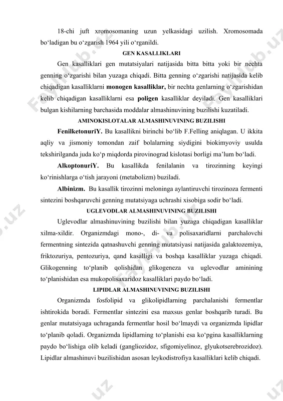 lar almashinuvi buzilishidan asosan leykodistrofiya kasalliklari kelib chiqadi. purin va pirimidin almashinuvining buzilishi purin va pirimidin almashinuvining buzilishidan kelib chiqadigan irsiy kasallik organizmda gipoksantin-fosforibozil-transferaza (gfrt) fermentining yetishmasligidan paydo bо‘ladi. bu ferment erkin holatdagi purin birikmalari bо‘lgan guanin va gipoksantinning nukletidlarga aylanish jarayonini tezlashtiradi. agar bu ferment yetishmaydigan bо‘lsa, organizmda siydik kislotasining miqdori oshib ketadi. agar sog‘ odamda normada 1 g siydik kislotasi bо‘lsa purin va pirimidin almashinuvining buzilishidan paydo bо‘ladigan kasalliklarda uning miqdori 20-30g ga teng bо‘ladi. kasallik belgilari bolaning chaqaloq davridayoq yuzaga chiqa boshlaydi va muskullar qisqarishining kuchayishi va ta’sirchanlik xususiyatining oshishi bilan harakterlanadi. adabiyotlar 1. 1.g’afurov a. t. darvinizm toshkent, o’qituvchi1992 yil. 2. 2.воронцов н. п.,сухорукова л.н. эволюционная органического мира. м. просвешение 1991 3. 3.to’raqulov yo. x. malekulyar biologiya. toshkent, o’qituvchi1993 yil 4. 4.иорданскис н. н. эволюция жизни. м.издательский центр “академия” 2001 5. inge-vechtomov s.g. genetika s osnovami selektsii. moskva., «vsshaya shkola», 1989 g. 6. lobashev m.ye., vatti …