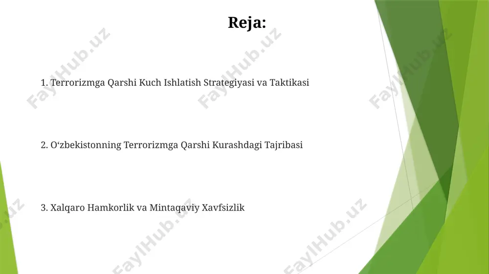 li qamoq jazosiga hukm qilingan. 2010-yildan keyin, oʻzbekiston suriyada faol boʻlgan “islom davlati” terrorchilik guruhi aʼzolarini mamlakatga kirishiga yoʻl qoʻymaslik uchun chegaralarni kuchaytirdi va 100 dan ortiq shaxsni hibsga oldi. xalqaro hamkorlik va mintaqaviy sheriklik тошкентдаги минтақавий тренинг марказлари орқали ўзбекистон 15 дан ортиқ давлат вакилларига терроризмга қарши кураш бўйича малака ошириш курсларини ташкил этди, бу ҳамкорликнинг амалий жиҳатларини кўрсатади. ўзбекистон 2000-йиллардан буён шҳт, оав ва бошқа халқаро ташкилотлар билан терроризмга қарши курашда самарали ҳамкорликни йўлга қўйди, бунда минтақавий хавфсизликни мустаҳкамлашга ёрдам берди. oʻzbekistonning terrorizmga qarshi kurashdagi tarixi oʻzbekiston 1990-yillarning boshlarida andijon va namangan viloyatlarida faol boʻlgan islomiy ekstremist guruhlar bilan kurash olib bordi, natijada yuzlab odamlar hibsga olindi va terroristik hujumlarning oldini olishga erishildi. tojikiston bilan chegaradagi qal’a va nazorat punktlari sonining koʻpayishi, shuningdek, afganistondan kelayotgan terrorchilik tahdidi bilan kurashish uchun qoʻshimcha texnologiyalar va uskunalarning joriy etilishi terrorizmga qarshi kurashda muhim rol oʻynadi. madaniy-maʼrifiy ishlar va profilaktika choralari самарқанд …