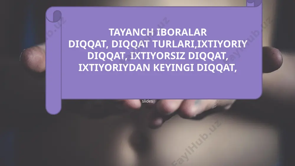 mlaydigan bo‘lsak, u holda u bir eshitiladi, bir eshitilmay qoladi. . 19 diqqat tebranishi qonunga asoslangan bo‘lib, fluktuatsiya deb ataladi. masalan, diqqat fluktuatsiyasini oddiy tajribada namoyish qilish mumkin: kesik piramida beriladi: agar unga ma’lum vaqt davomida tikilib turilsa, u ketma-ket, yo qavariq, yo botiq bo‘lib ko‘rinadi 20 diqqatni jamlash ostida diqqatning jismda jamlanganlik jadalligi yoki darajasi tushuniladi. a.a. uxtomskiyning fikriga ko‘ra, diqqatni jamlash bosh miya po‘stlog‘idagi kuchli qo‘zg‘alish o‘chog‘i faoliyatining xususiyati bilan bog‘liq. 21 diqqatni taqsimlash ostida odamning bir vaqtning o‘zida bir necha faoliyatlarni bajarish qobiliyati tushuniladi. hayotiy tajribaga ko‘ra, odam ongli psixik faoliyatning faqat bir turini bajara oladi, bir vaqtning o‘zida bir nechtasini bajarish sub’ektiv hissi esa ketma-ket tezlik bilan bir faoliyat turidan ikkinchisiga o‘tish oqibatida yuzaga keladi. 22 diqqatning bo‘linishi – bu diqqatni bir ob’ektdan ikkinchisiga ongli va anglangan holda o‘tkazish. bo‘linish bilan ikki turli yo‘nalishga ega bo‘lgan jarayonlar bog‘liqdir, bular: diqqatni ishga tushirish va uzib qo‘yish. 23 …