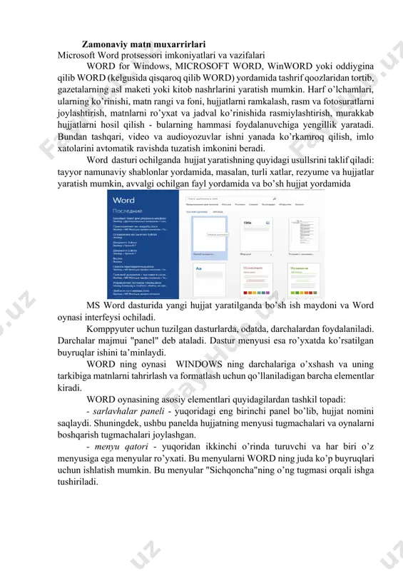 e 2000 (9.0) word 2000 va boshqalar; windows 95 koʻtara oladigan oxirgi versiya, 2009-yildan toʻxtatildi. 31.05.2001 office xp (10.0) word 2002 va boshqalar 17.11.2003 office 2003 (11.0) word 2003 va boshqalar; dastur timsollari windows xp koʻrinishida namoyon boʻldi. 30.01.2007 office 2007 (12.0) word 2007 va boshqalar; 12.05.2010 office 2010 (14.0) word 2010 va boshqalar; windows xp/vista uchun soʻnggi versiya. office 2003/2007 larning sotilishi shu yilning 11-yanvar kuni toʻxtatildi. 01.10.2013 office 2013 (15.0) word 2013 va boshqalar 22.09.2015 office 2016 (16.0) word 2016 va boshqalar office 2019-2021 zamonaviy matn muxarrirlari microsoft word protsessori imkoniyatlari va vazifalari word for windows, microsoft word, winword yoki oddiygina qilib word (kelgusida qisqaroq qilib word) yordamida tashrif qoozlaridan tortib, gazetalarning asl maketi yoki kitob nashrlarini yaratish mumkin. harf o’lchamlari, ularning ko’rinishi, matn rangi va foni, hujjatlarni ramkalash, rasm va fotosuratlarni joylashtirish, matnlarni ro’yxat va jadval ko’rinishida rasmiylashtirish, murakkab hujjatlarni hosil qilish - bularning hammasi foydalanuvchiga yengillik …